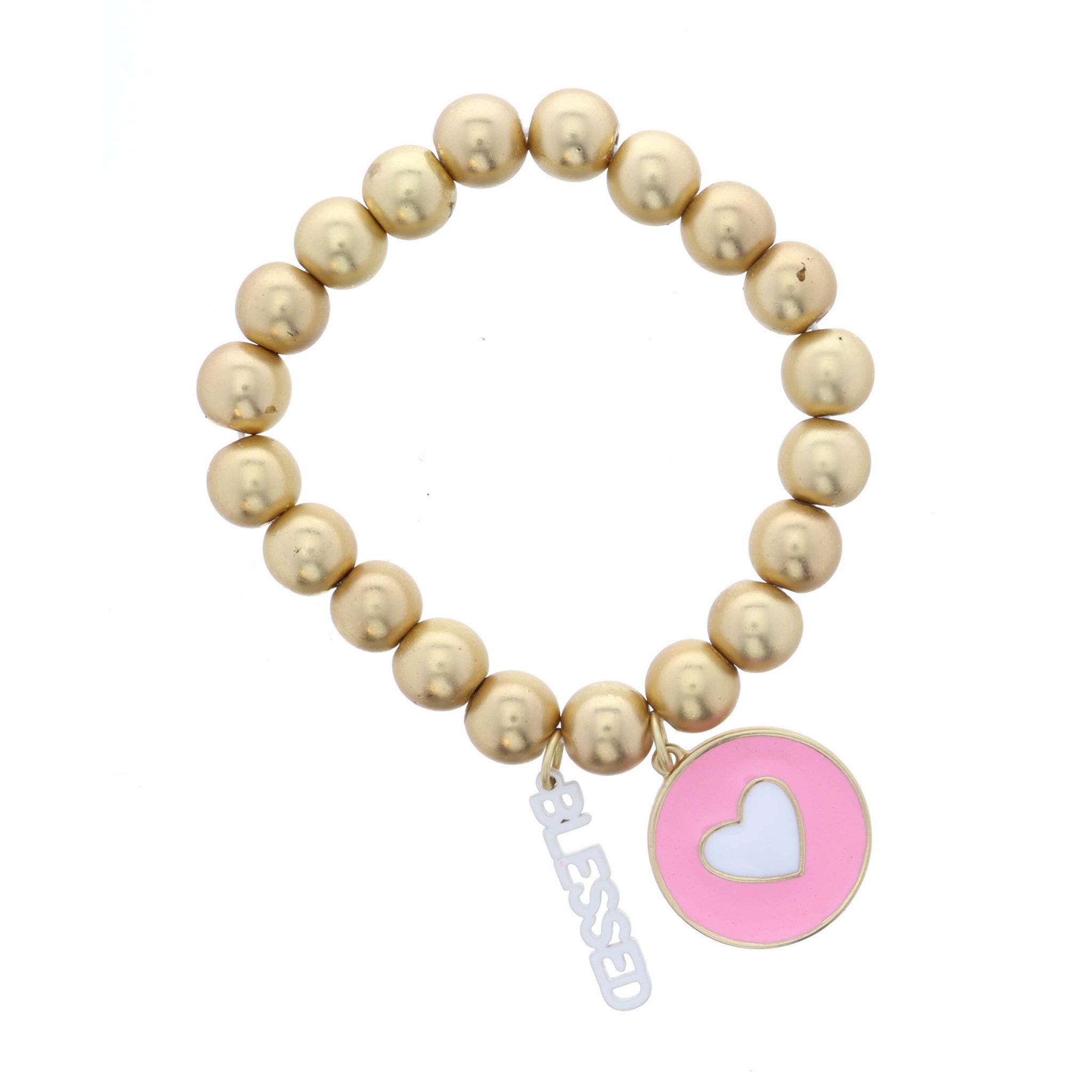Kids White Heart on Circle Pink Disc with White "Blessed" Bracelet