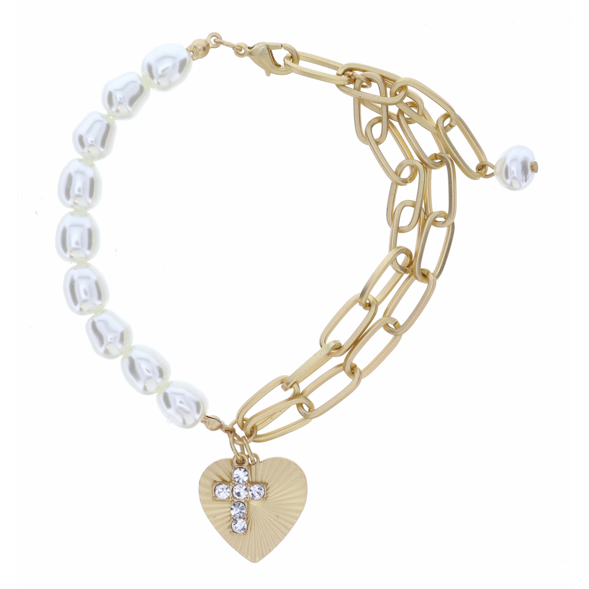 Half Pearl, Half Double Same Chain with Heart & Crystal Cross Bracelet