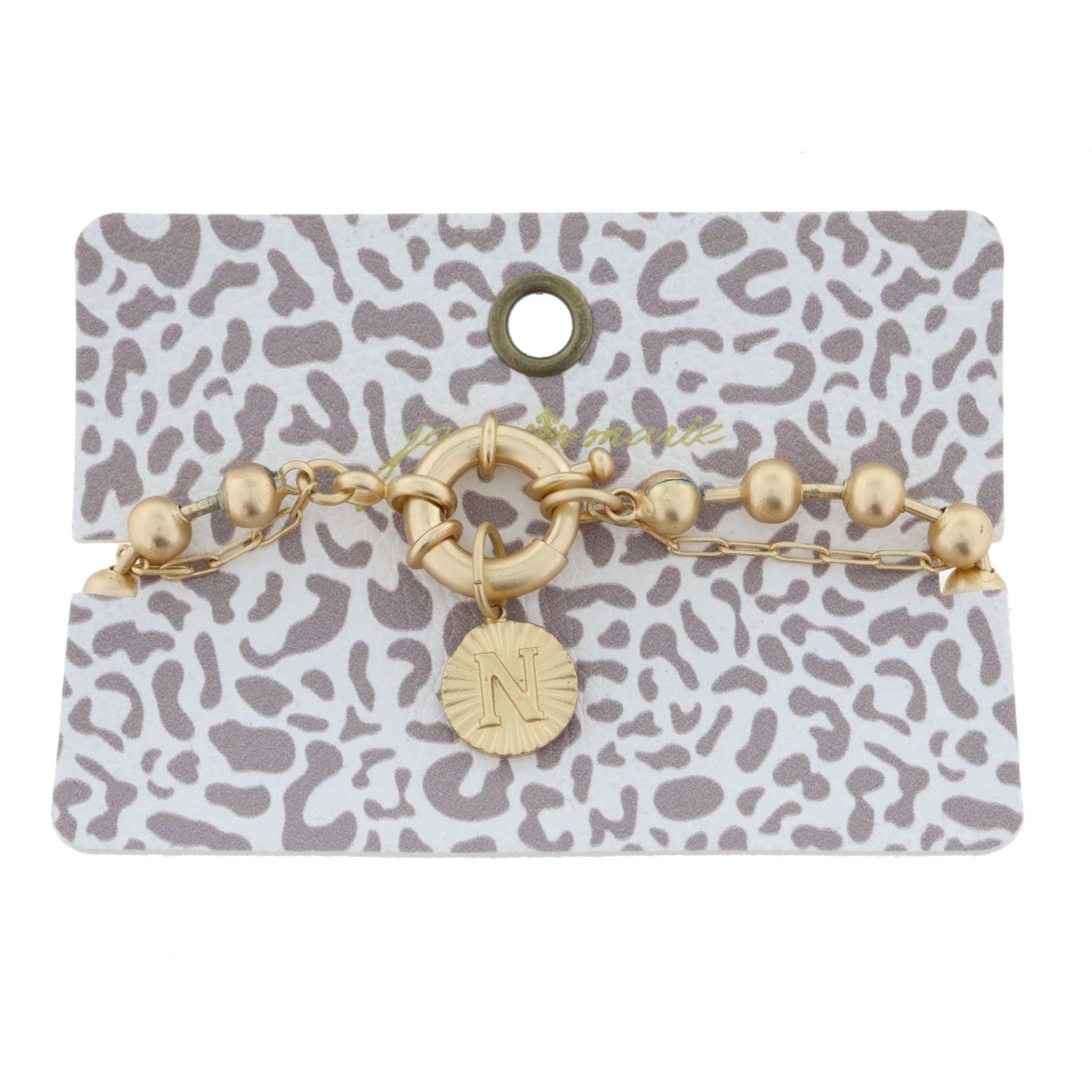 2-Sided, Gold Circle with Latch, Intial "N" and Heart Bracelet