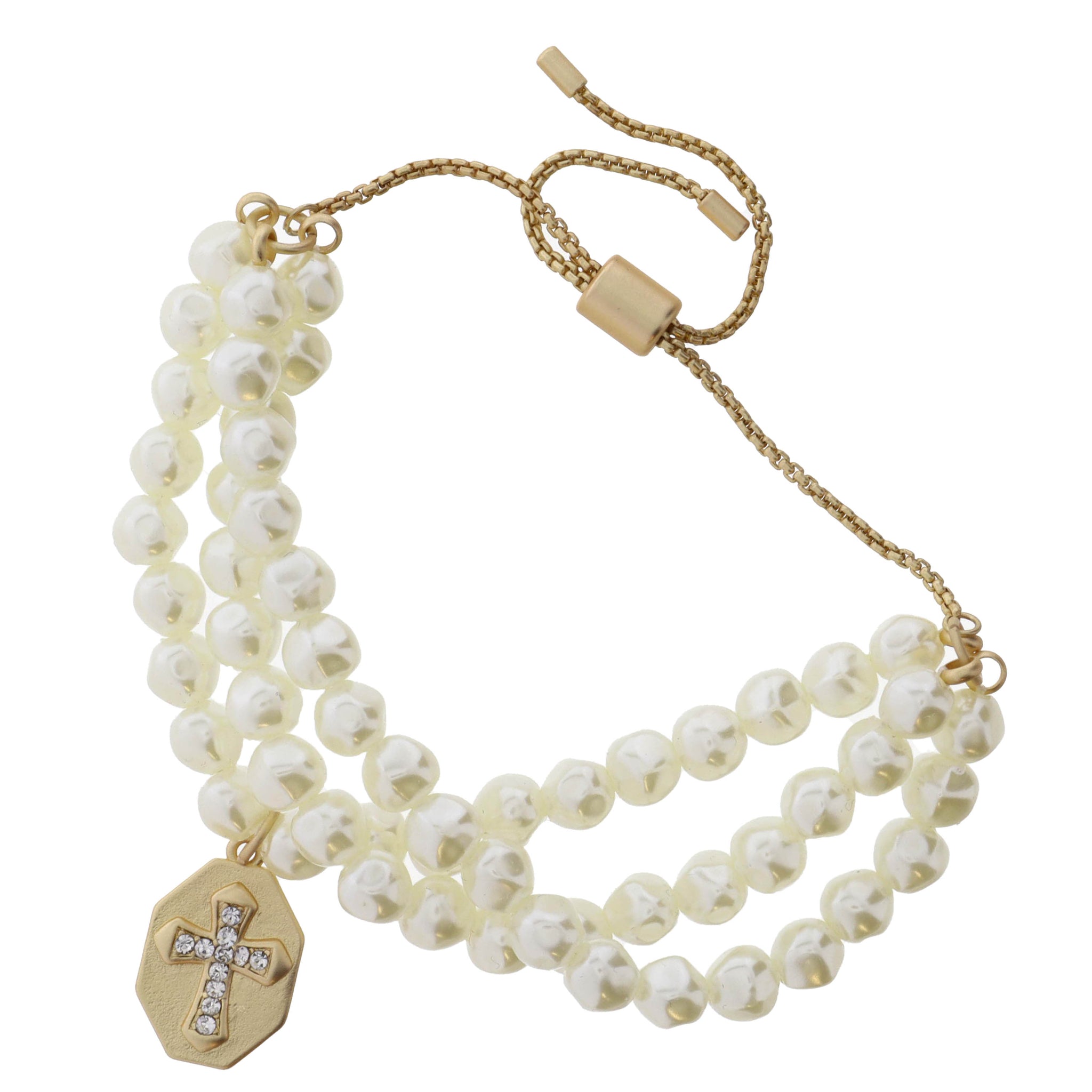 Set of 3, Pearl & Gold and Crystal Cross on Gold Shield Bracelet