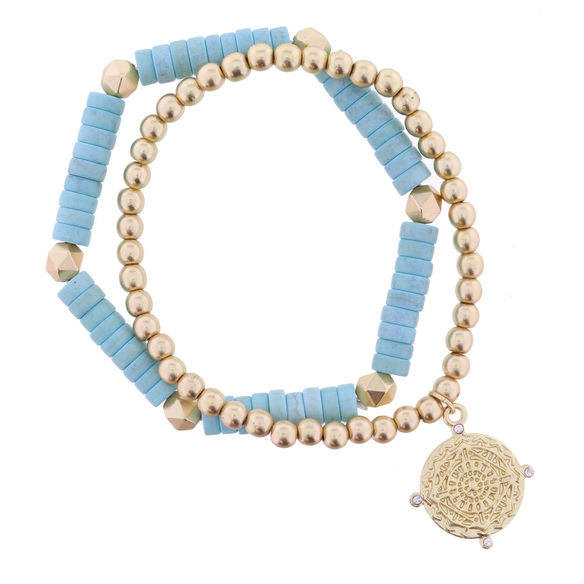Set of 2, Turquoise Stone, Gold Beads, with Medallion and Crystals Bracelet