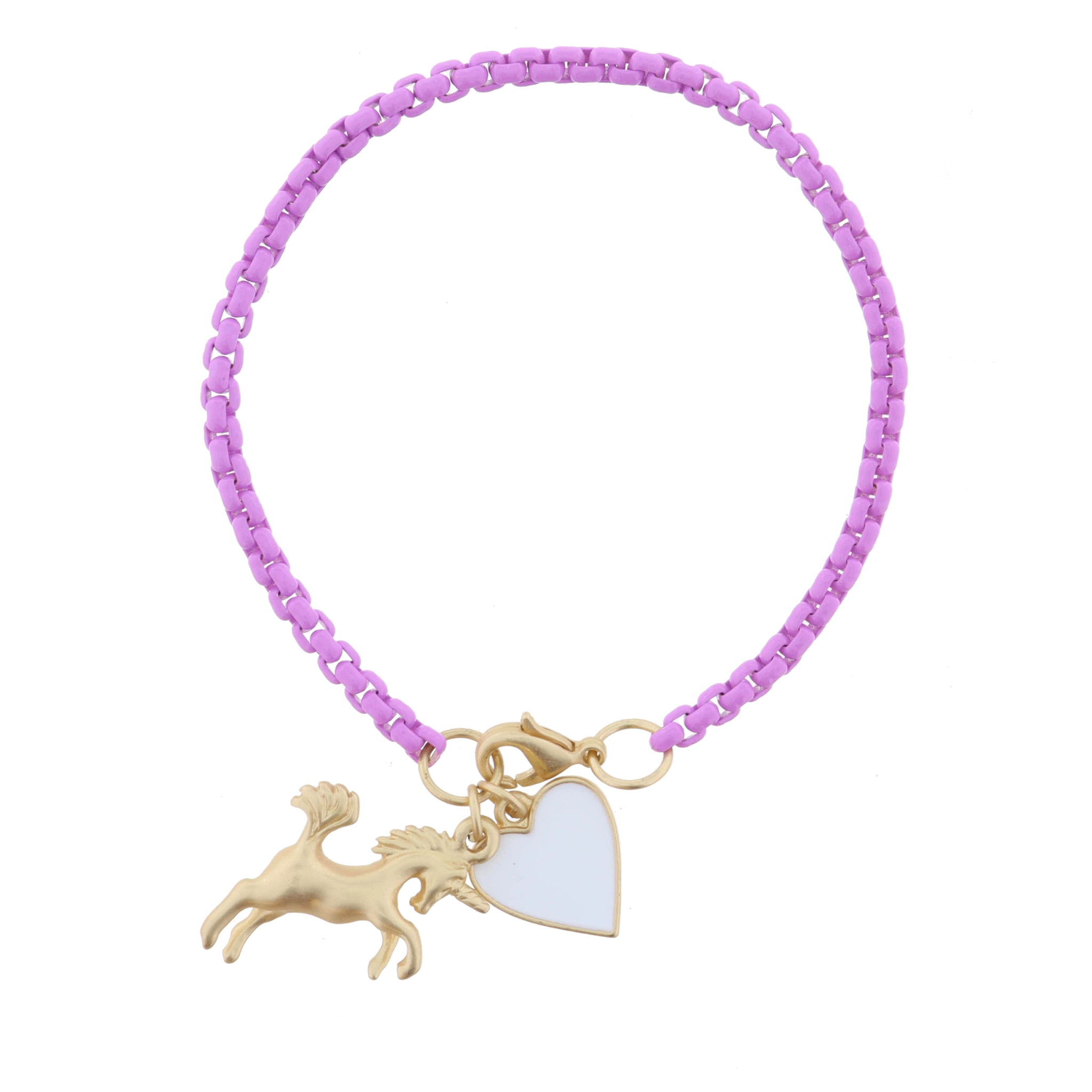 Kids Lavender Box Chain with Gold Unicorn and White Enamel Heart Bracelet