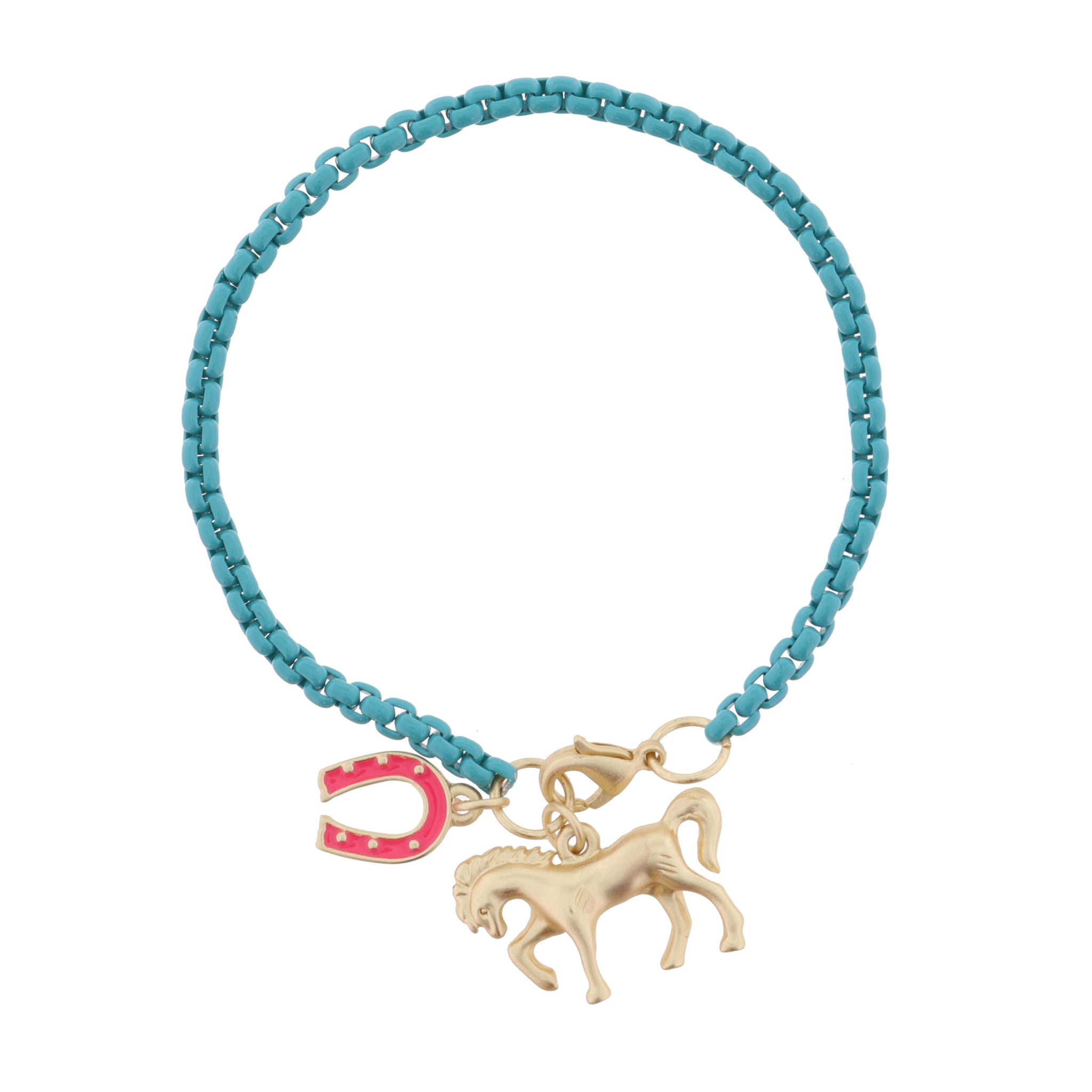Kids Teal Box Chain with Hot Pink Enamel Horseshoe and Gold Horse Bracelet