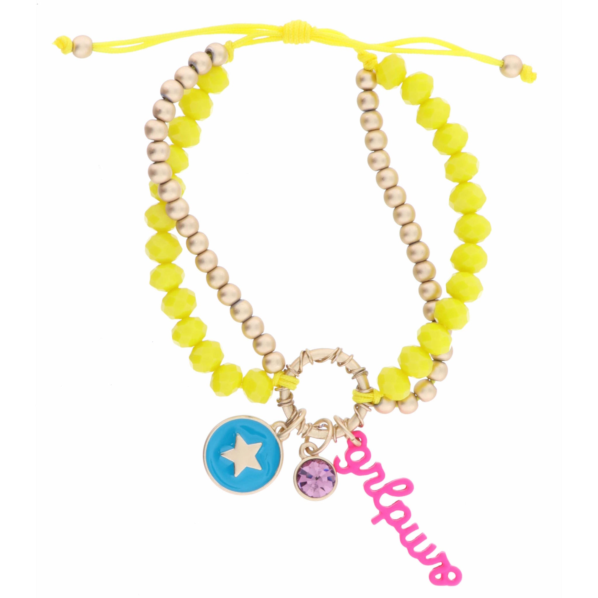 Kids 2 Strand, Gold and Yellow Beaded, Teal Disc with Star, Lavender Crystal, Pink "grlpwr" Bar Bracelet