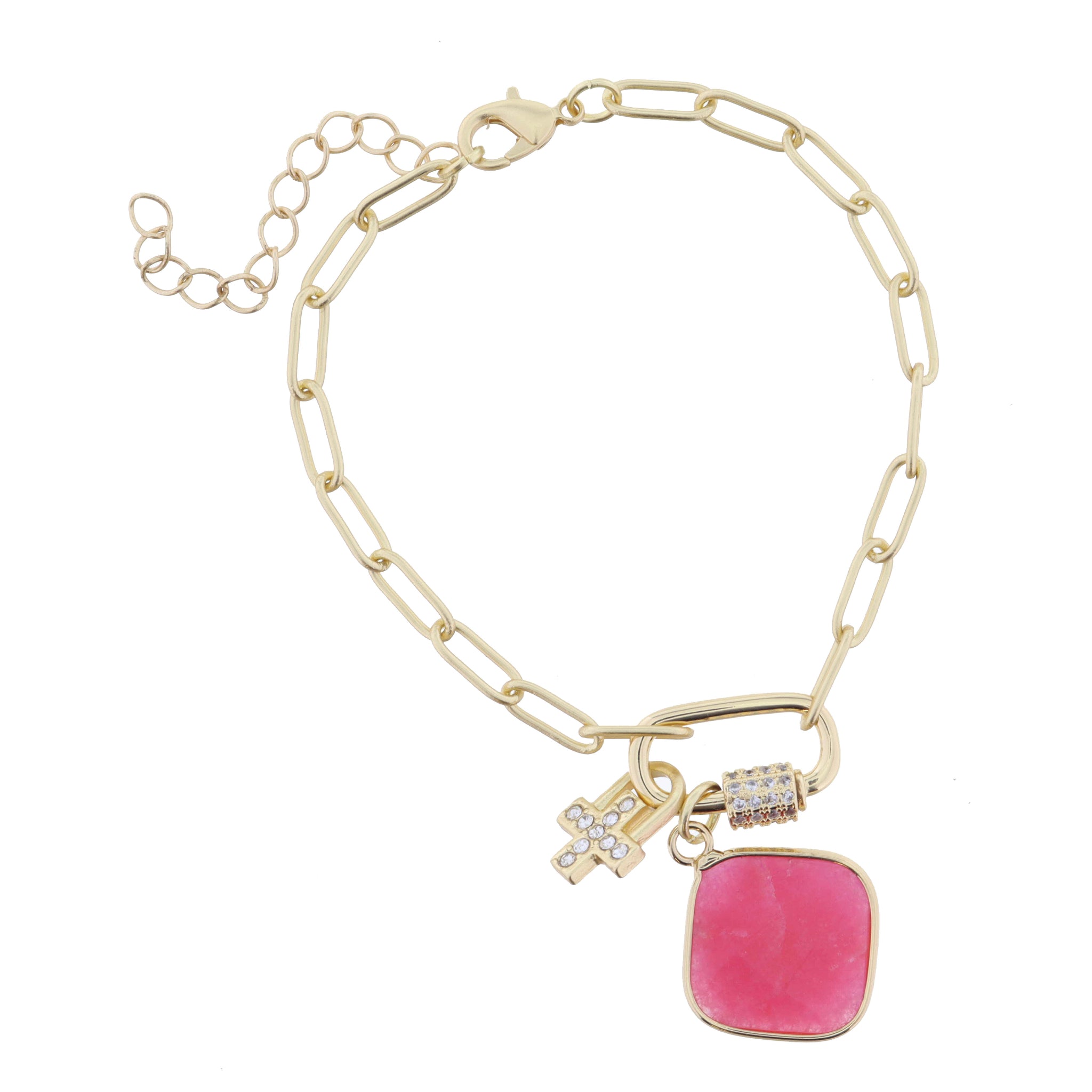 Gold Carabiner with Crystals, Pink Stone, Crystal Square Cross Latch Bracelet