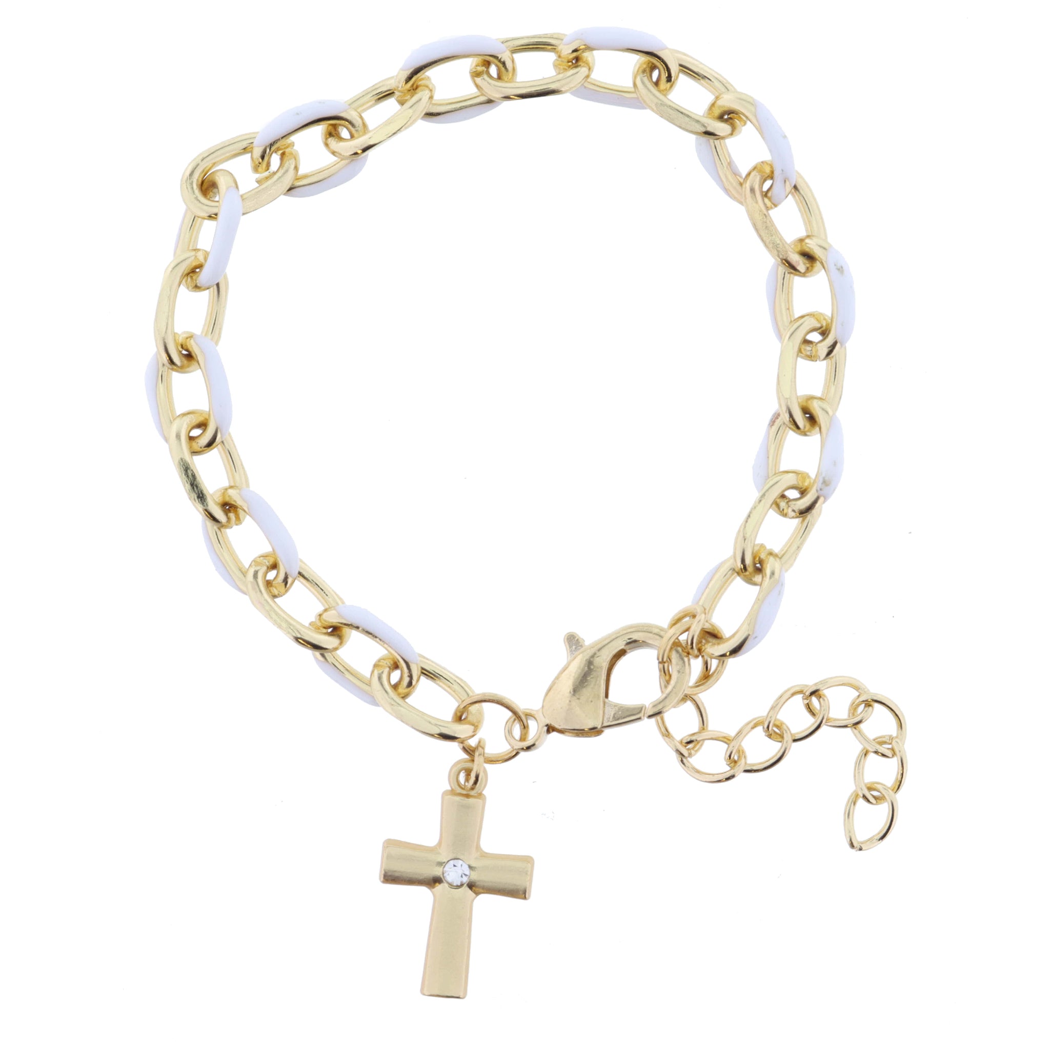 White Enamel Chain and Gold Cross with Mini Clear Crystal Bracelet