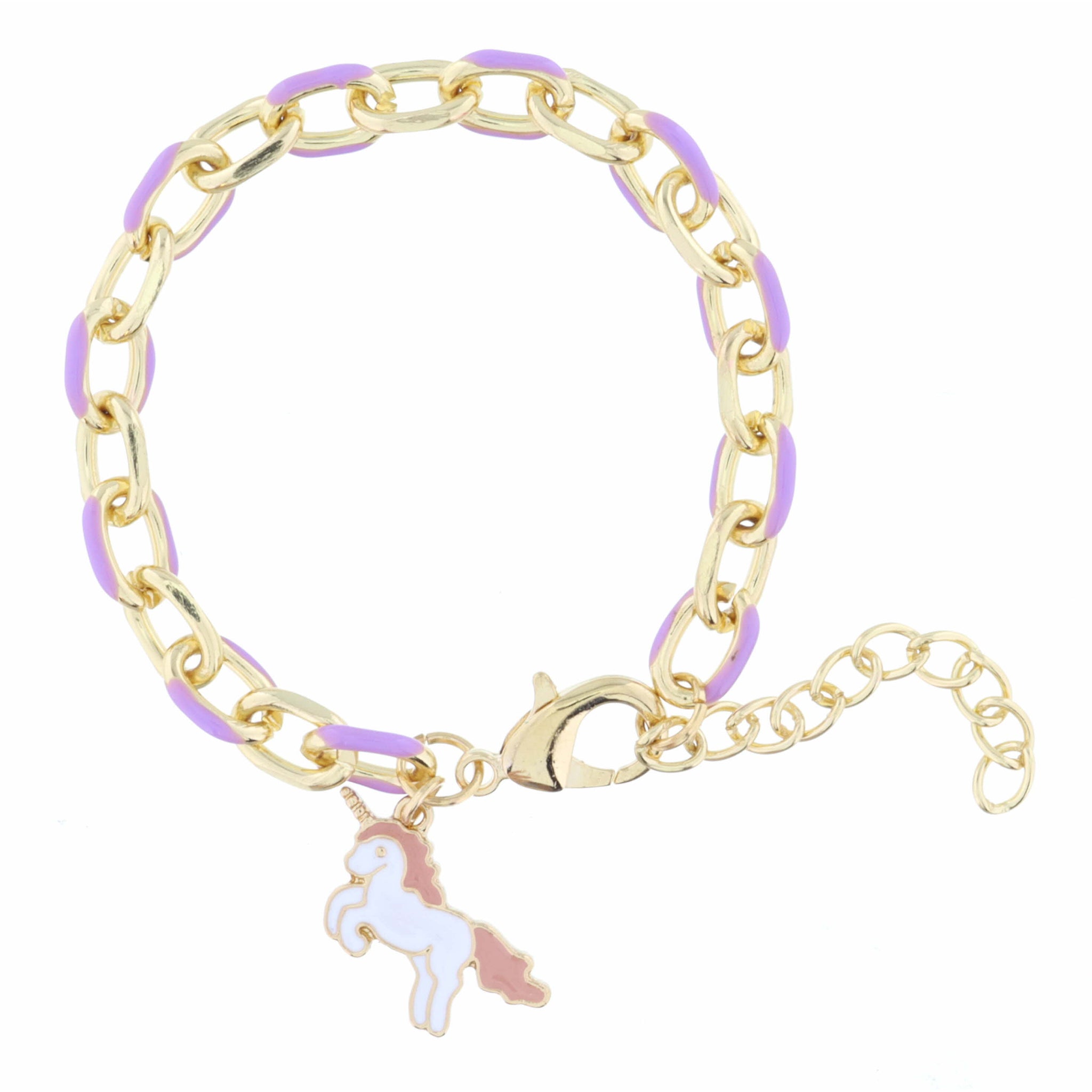 Kids Lavender Enamel Chain and White and Pink Enamel Unicorn Bracelet