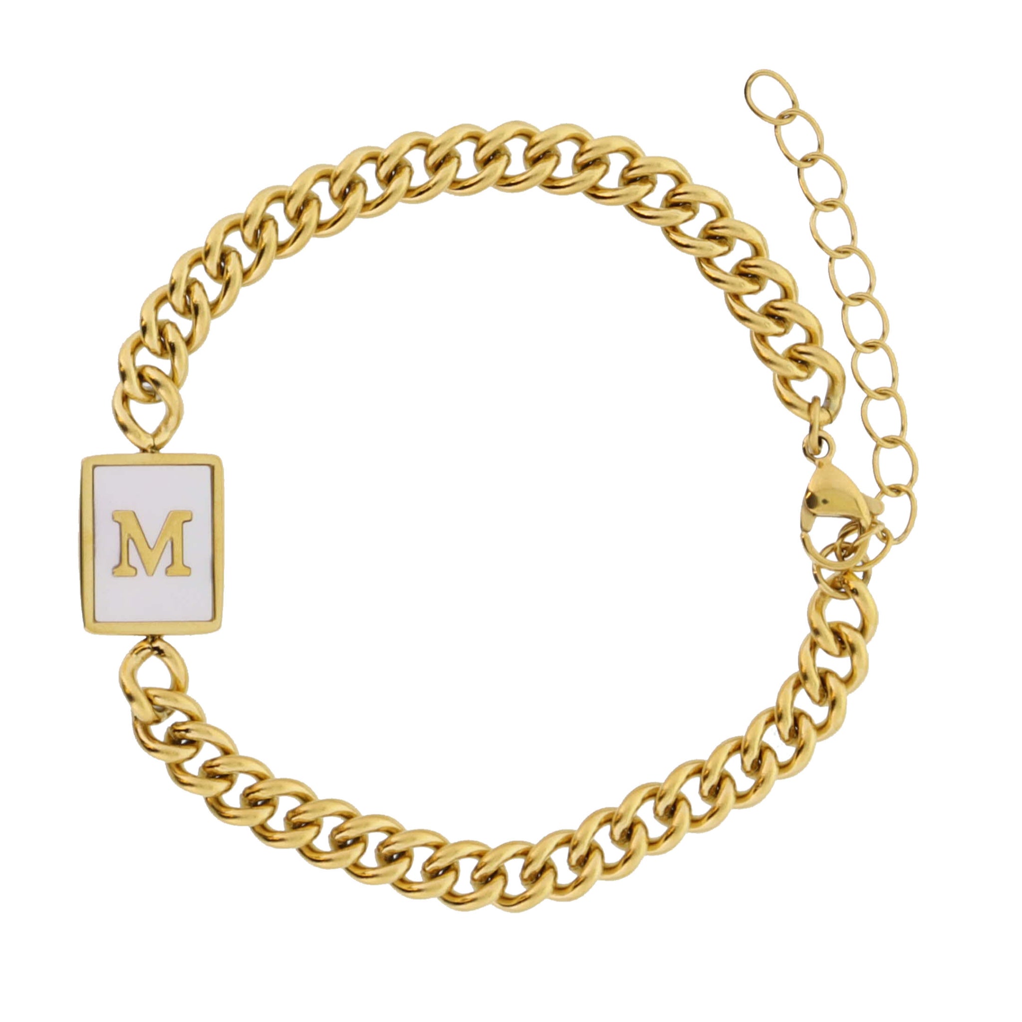 Gold Rectangle with Shell Inlay and Gold "M" Initial Center Bracelet