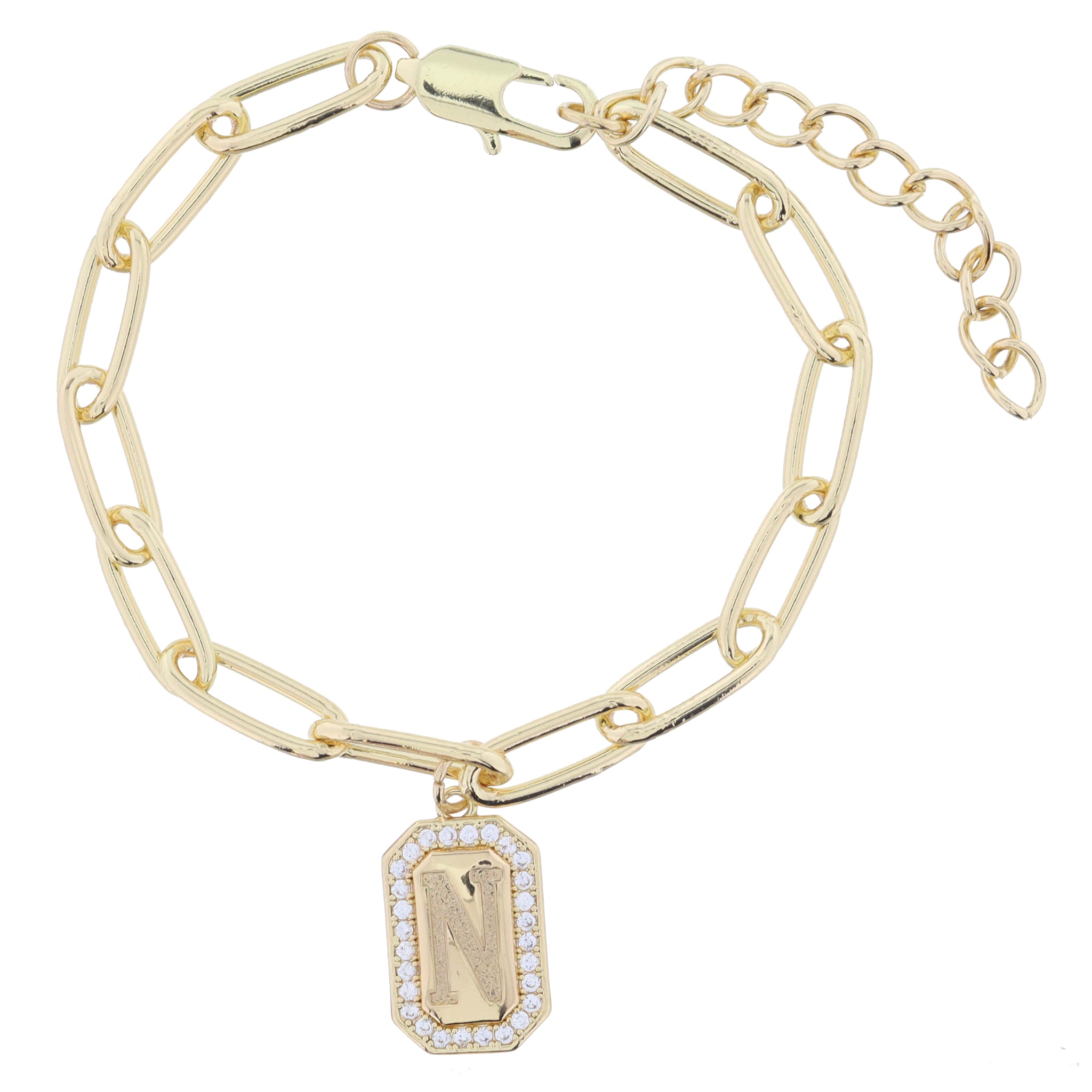 Shiny Gold Paperclip Chain with Crystal Edged "N" Initial Emerald Plate Bracelet