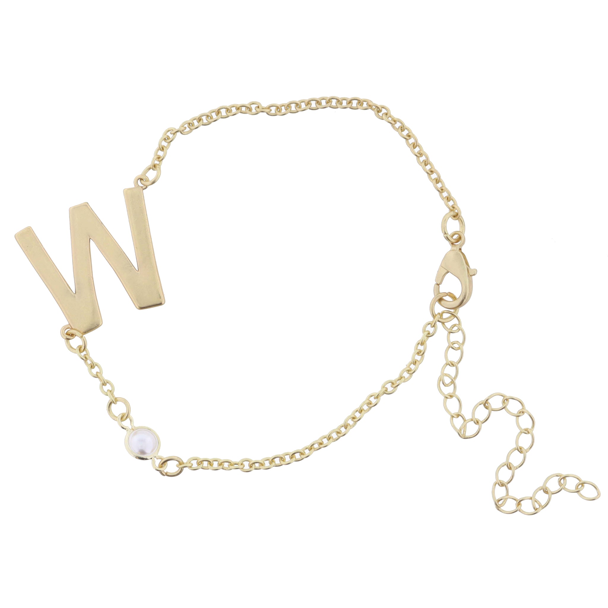 Gold Sideways "W" Initial with Pearl Bezel Station Accent Bracelet