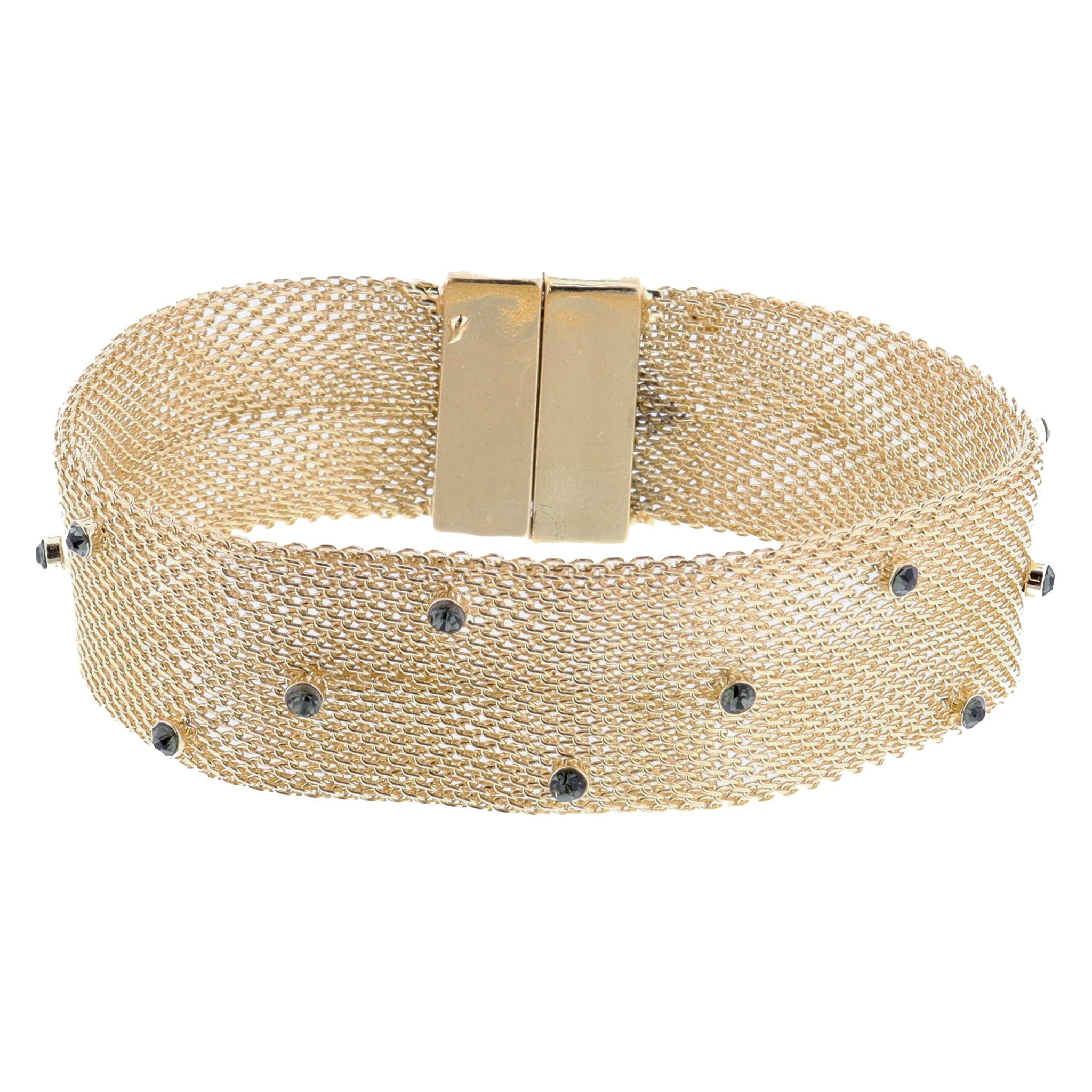 Wide Gold Woven Mesh Chain Band with Mini Black Diamond Crystal Accents Bracelet, 7.5-8" Around
