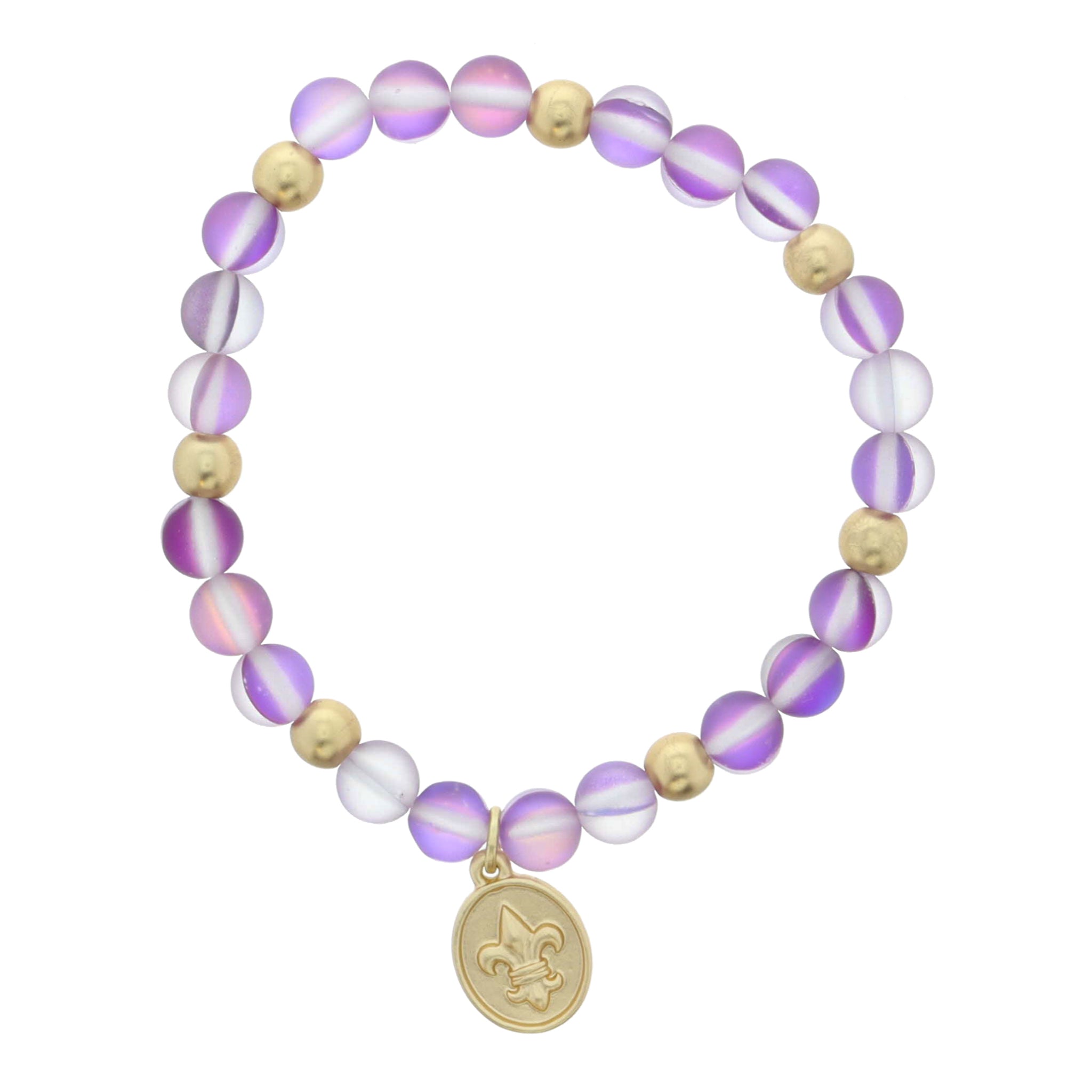 Kids Gold Ball and Purple Opal Beaded with Gold Fleur De Lis Oval Disc Bracelet