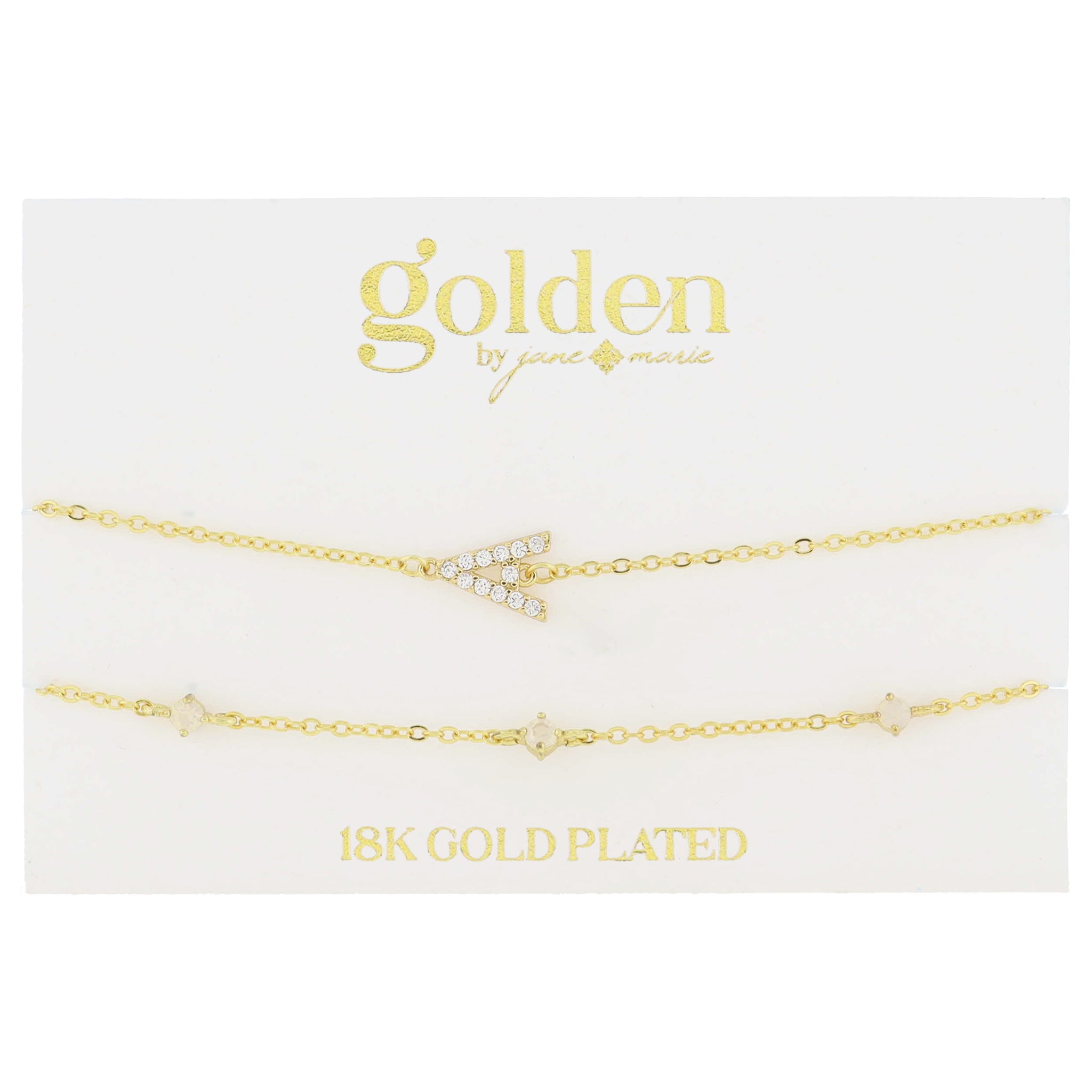 7" Around 18K Gold Plated Set of 2, Cubic Zirconia Pave "A" Initial, Multi Opals Bracelet, 1.5" Ext