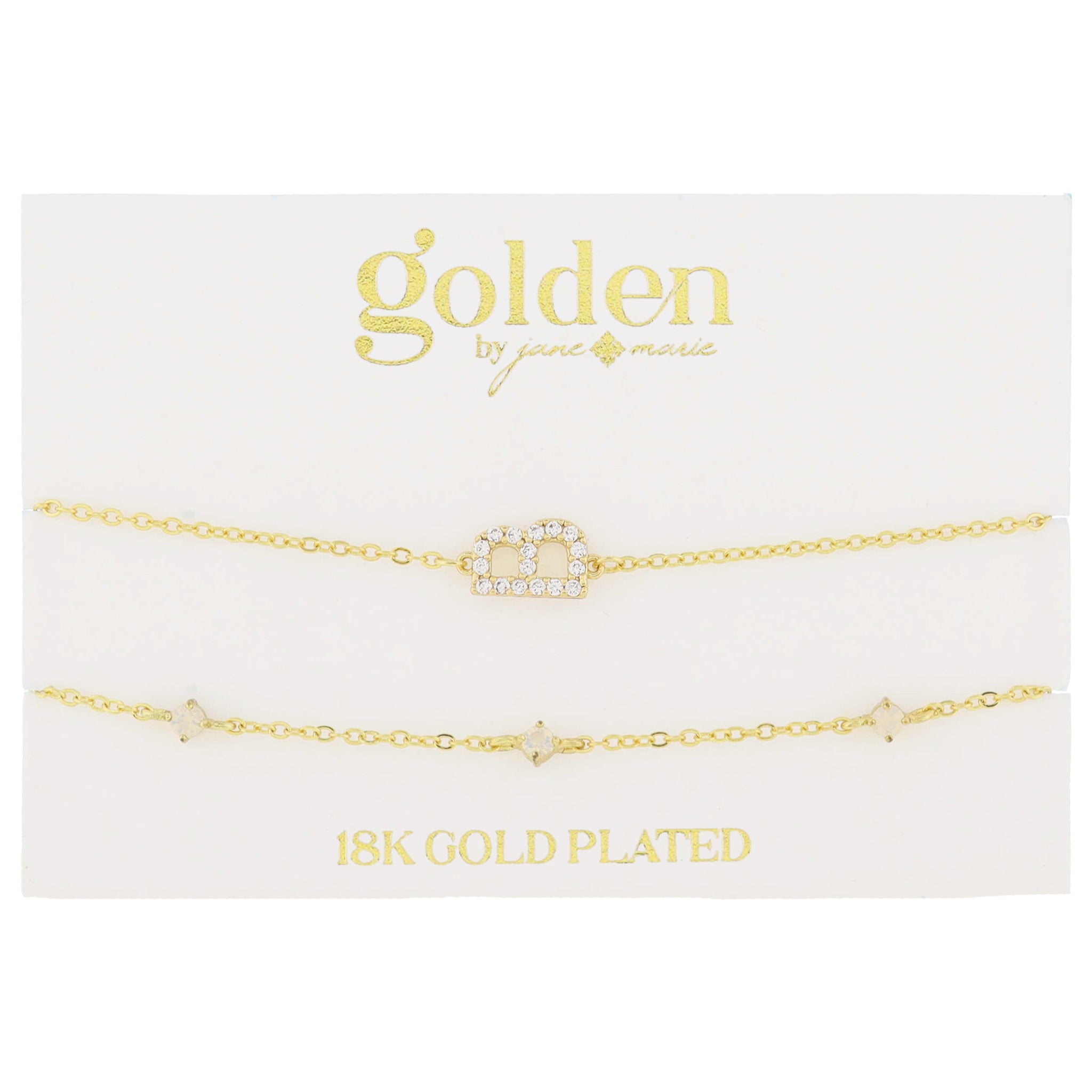 7" Around 18K Gold Plated Set of 2, Cubic Zirconia Pave "B" Initial, Multi Opals Bracelet, 1.5" Ext