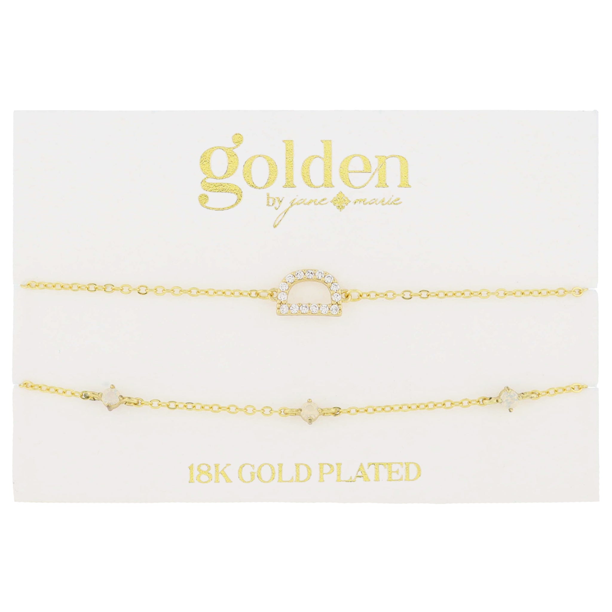 7" Around 18K Gold Plated Set of 2, Cubic Zirconia Pave "D" Initial, Multi Opals Bracelet, 1.5" Ext