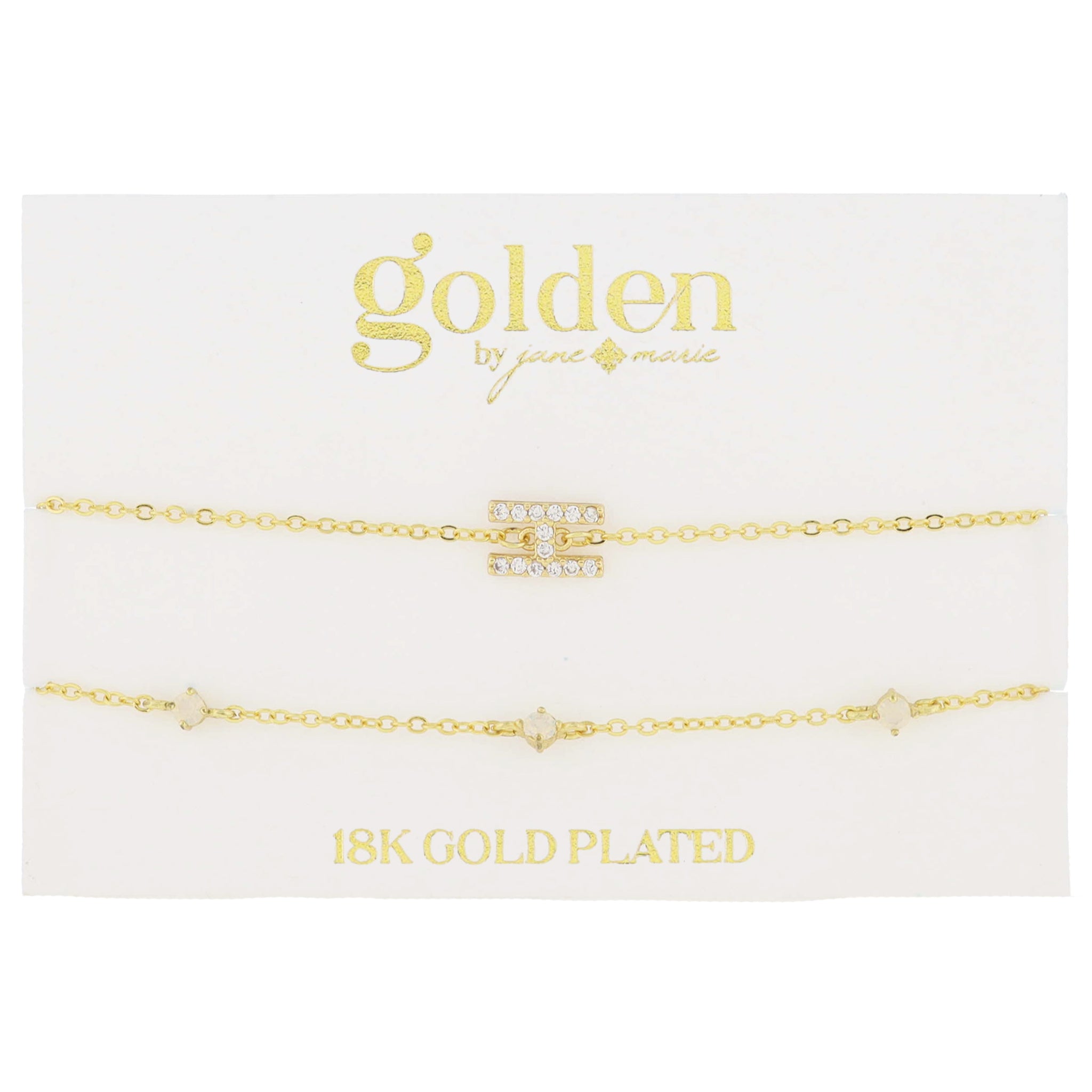 7" Around 18K Gold Plated Set of 2, Cubic Zirconia Pave "H" Initial, Multi Opals Bracelet, 1.5" Ext