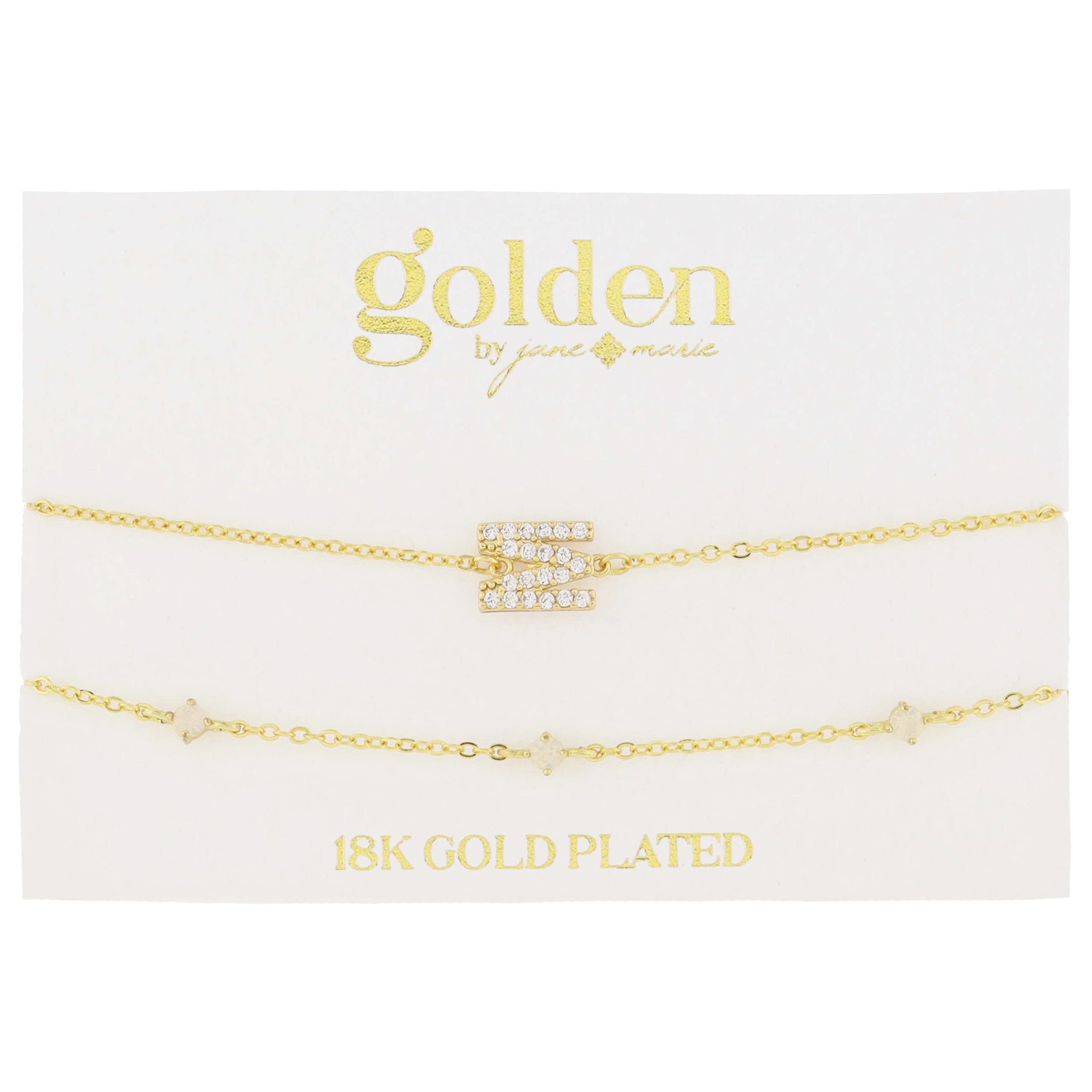 7" Around 18K Gold Plated Set of 2, Cubic Zirconia Pave "M" Initial, Multi Opals Bracelet, 1.5" Ext