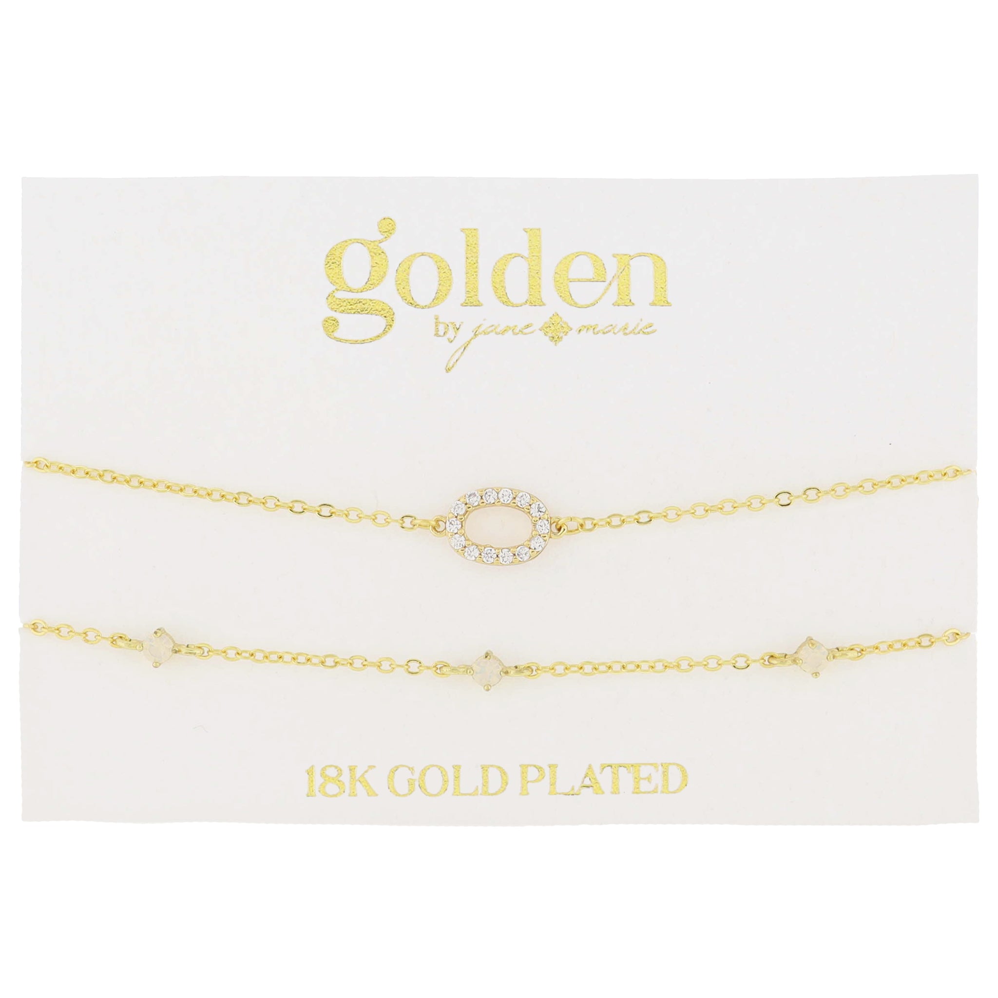 7" Around 18K Gold Plated Set of 2, Cubic Zirconia Pave "O" Initial, Multi Opals Bracelet, 1.5" Ext