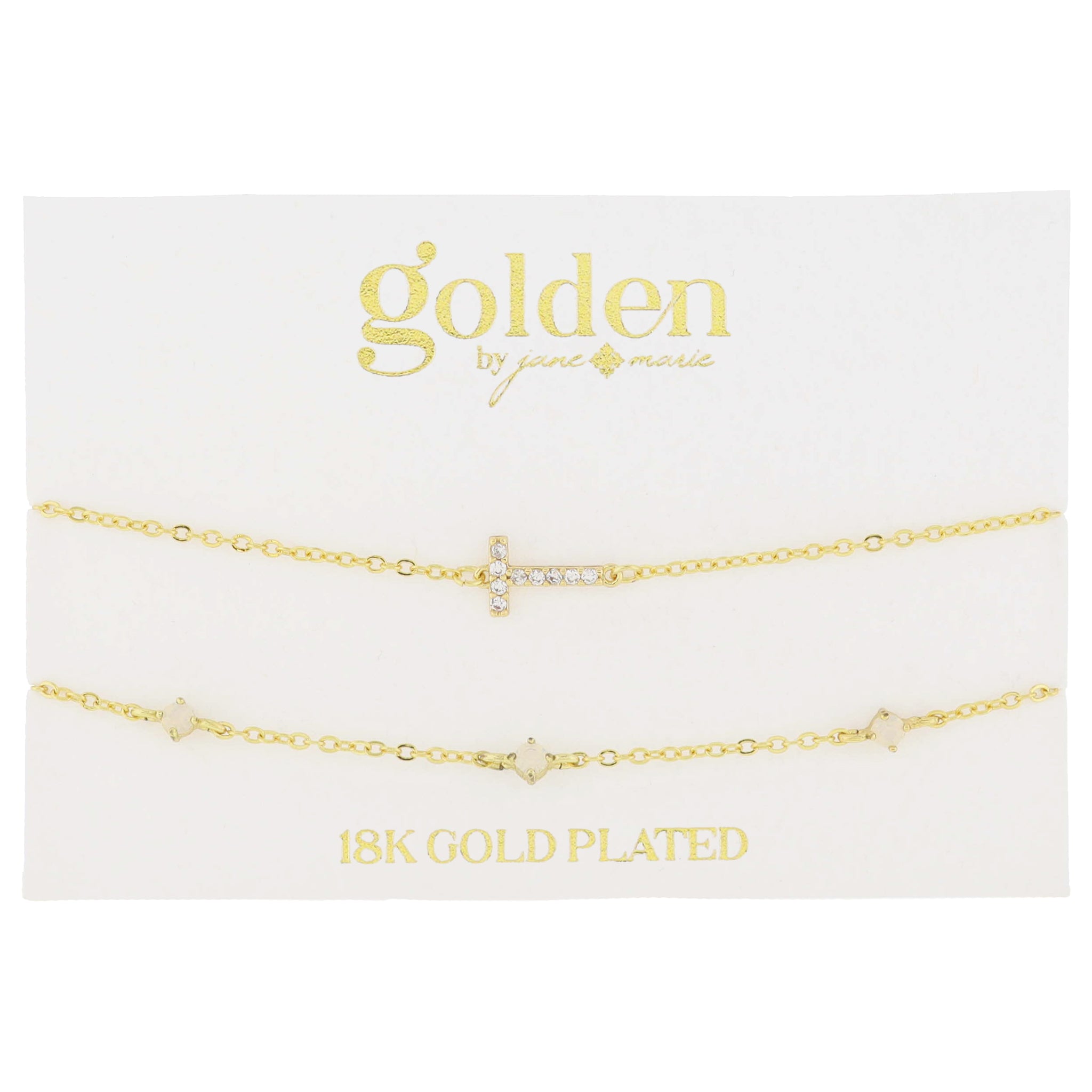 7" Around 18K Gold Plated Set of 2, Cubic Zirconia Pave "T" Initial, Multi Opals Bracelet, 1.5" Ext