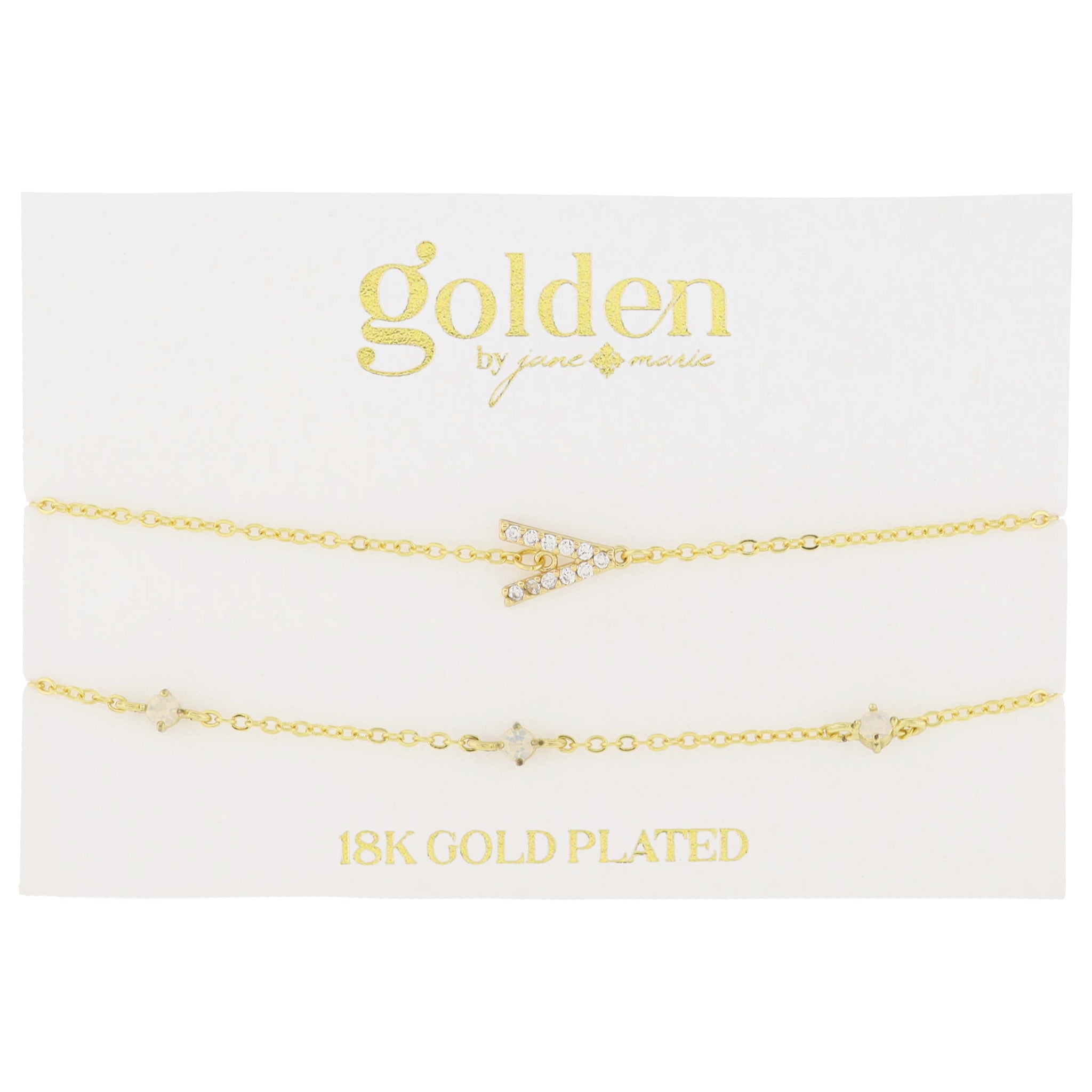 7" Around 18K Gold Plated Set of 2, Cubic Zirconia Pave "V" Initial, Multi Opals Bracelet, 1.5" Ext
