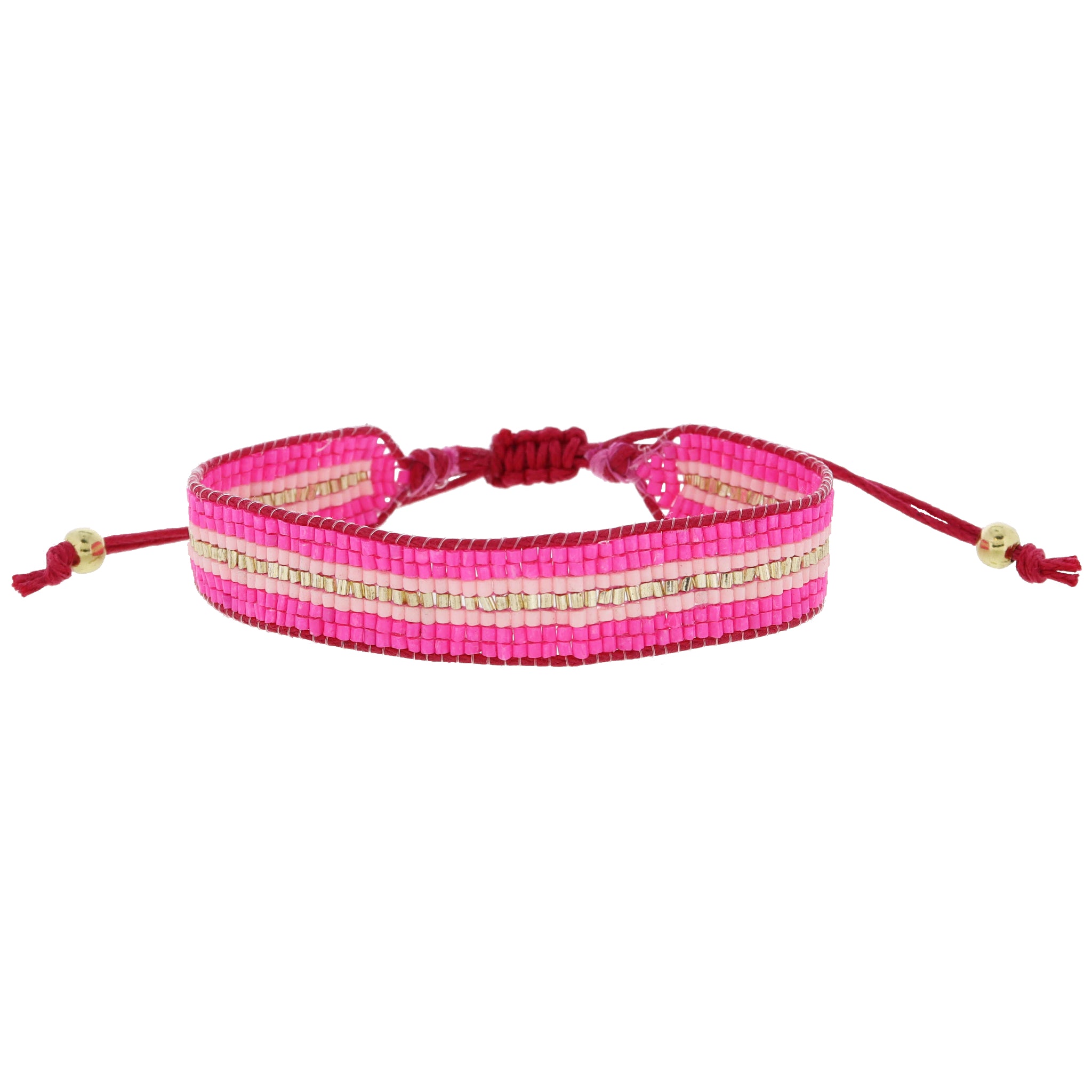 Hot Pink, Light Pink, Gold Stripe Woven Beaded Band Bracelet, .5" Wide