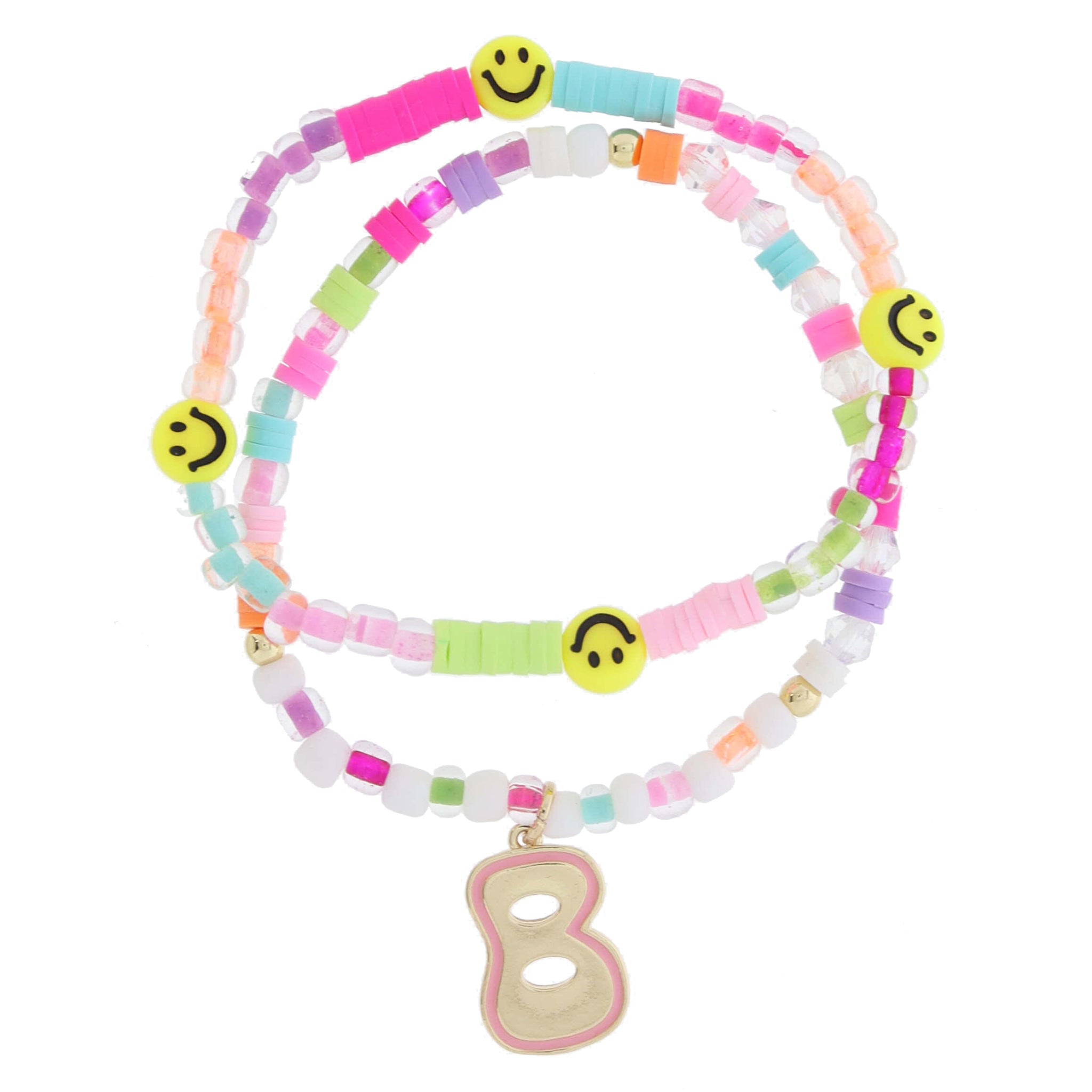 Kids Set of 2, Multi Beaded & Gold Retro Bubble "B" with Light Pink Outline Bracelet, 6.5" Around