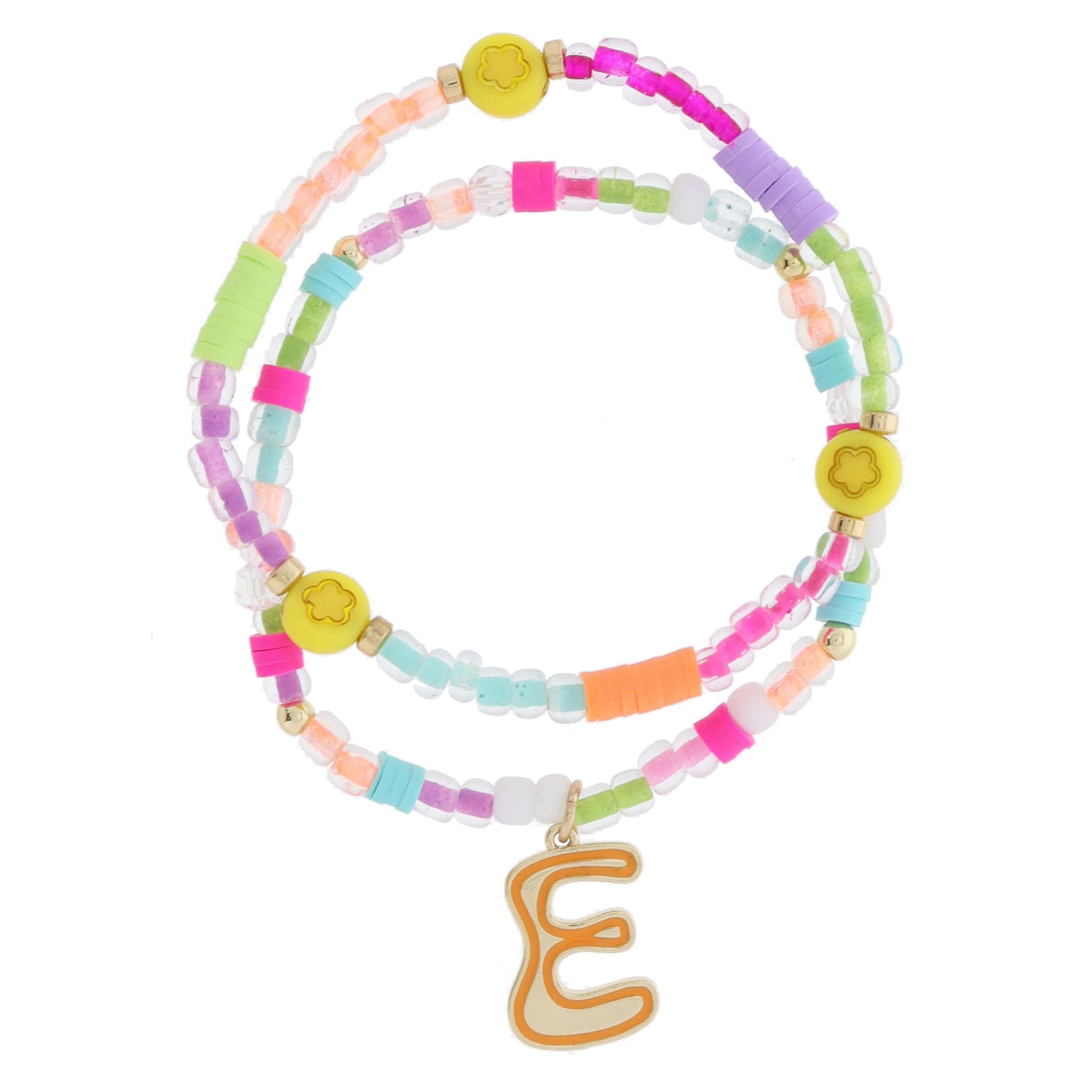 Kids Set of 2, Multi Beaded with Gold Retro Bubble "E" with Orange Outline Bracelet, 6.5" Around