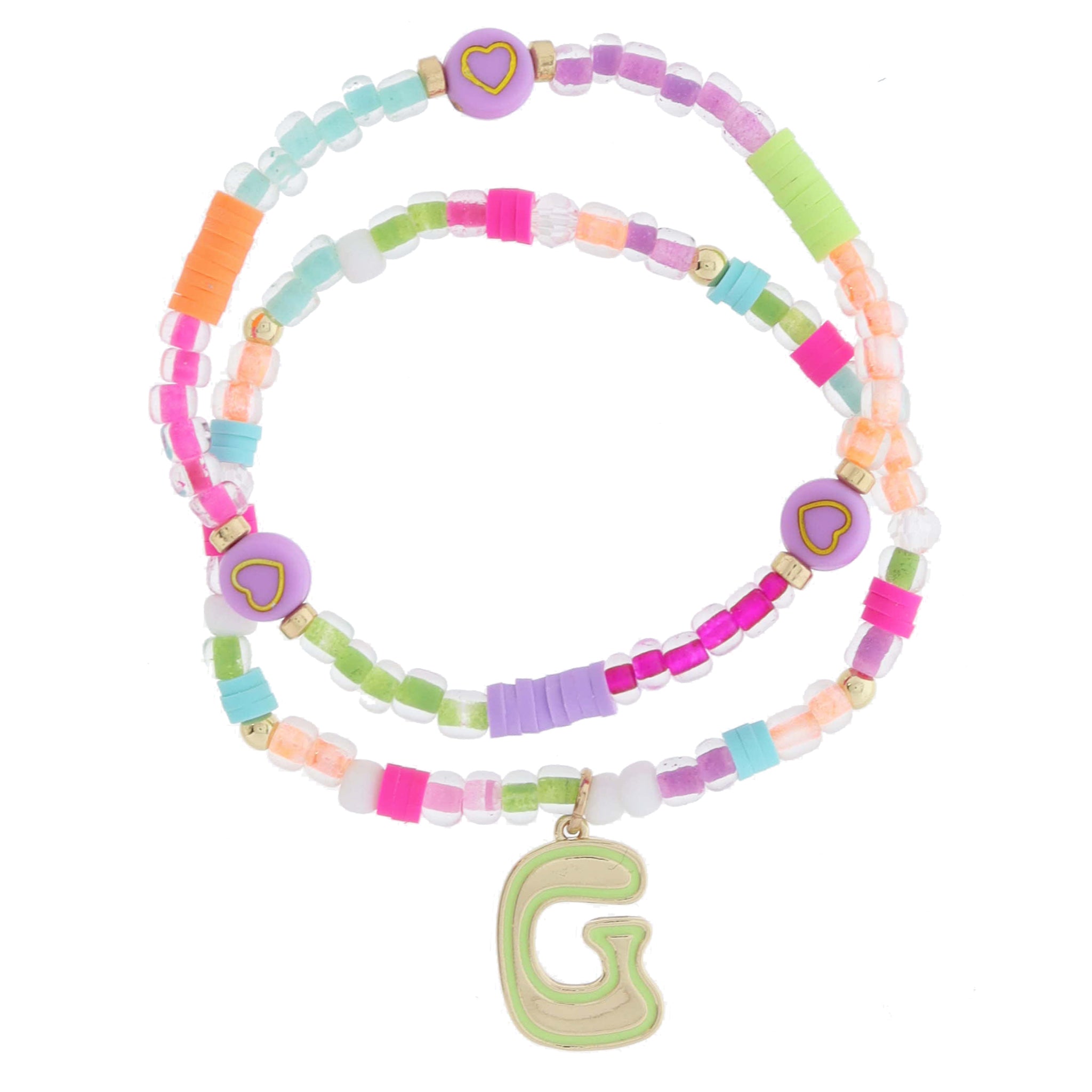 Kids Set of 2, Multi Beaded with Gold Retro Bubble "G" with Lime Outline Bracelet, 6.5" Around