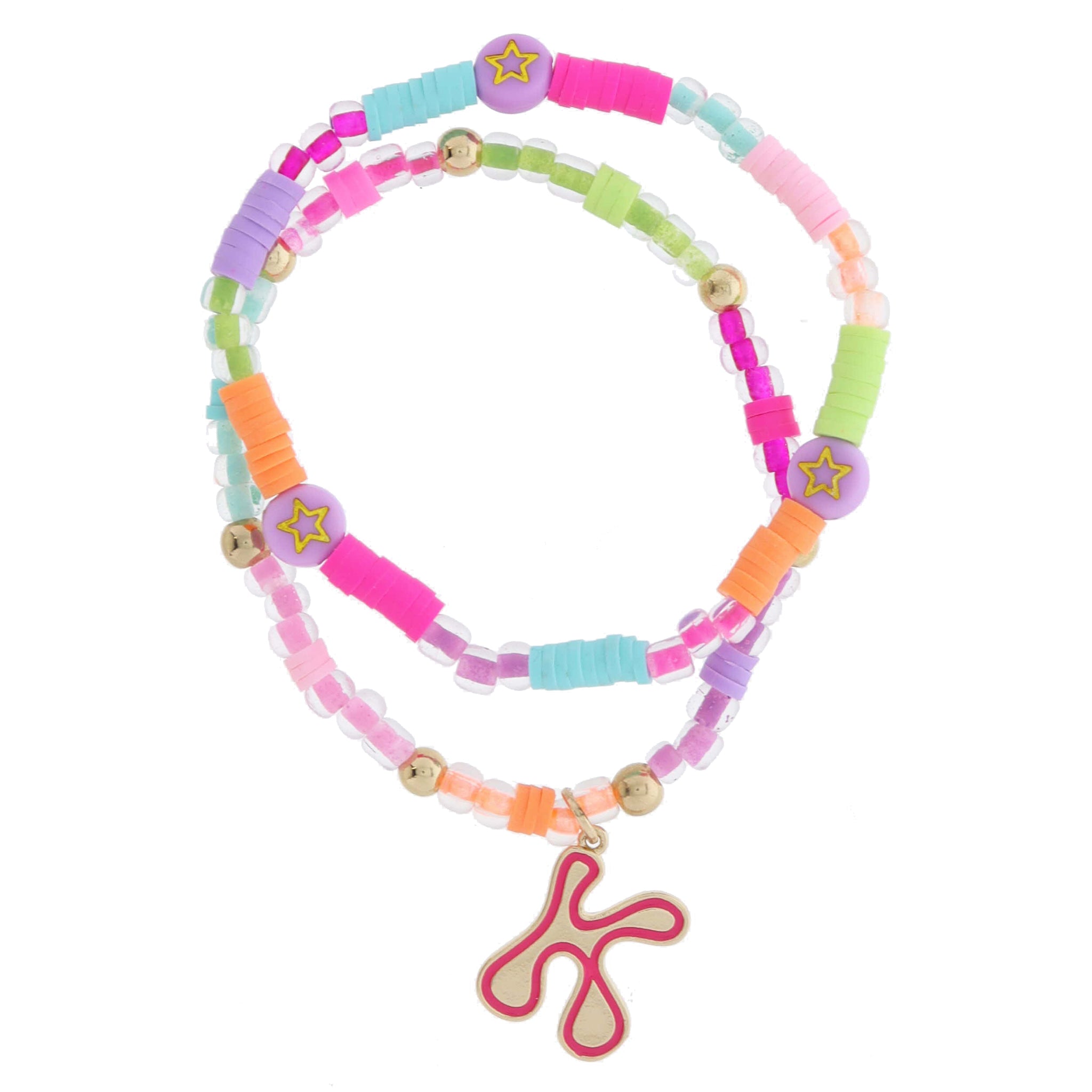 Kids Set of 2, Multi Beaded with Gold Retro Bubble "K" with Lime Outline Bracelet, 6.5" Around