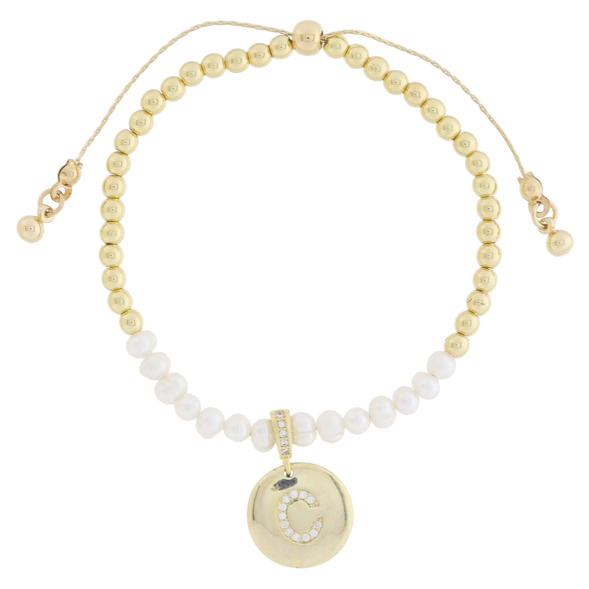 Small Freshwater Pearls and Pave Crystal Loop with Pave Crystal "C" Initial Gold Disc Adj. Bracelet