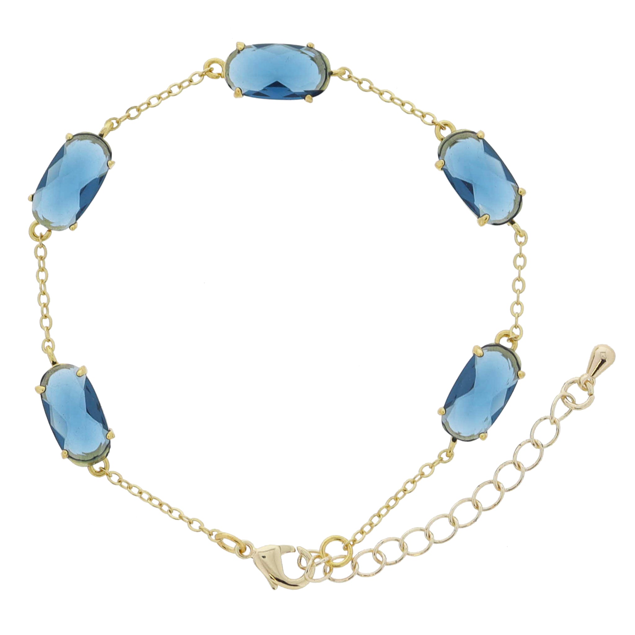 Kensington 18K Gold Plated Blue Oval Crystals on Gold Chain Bracelet