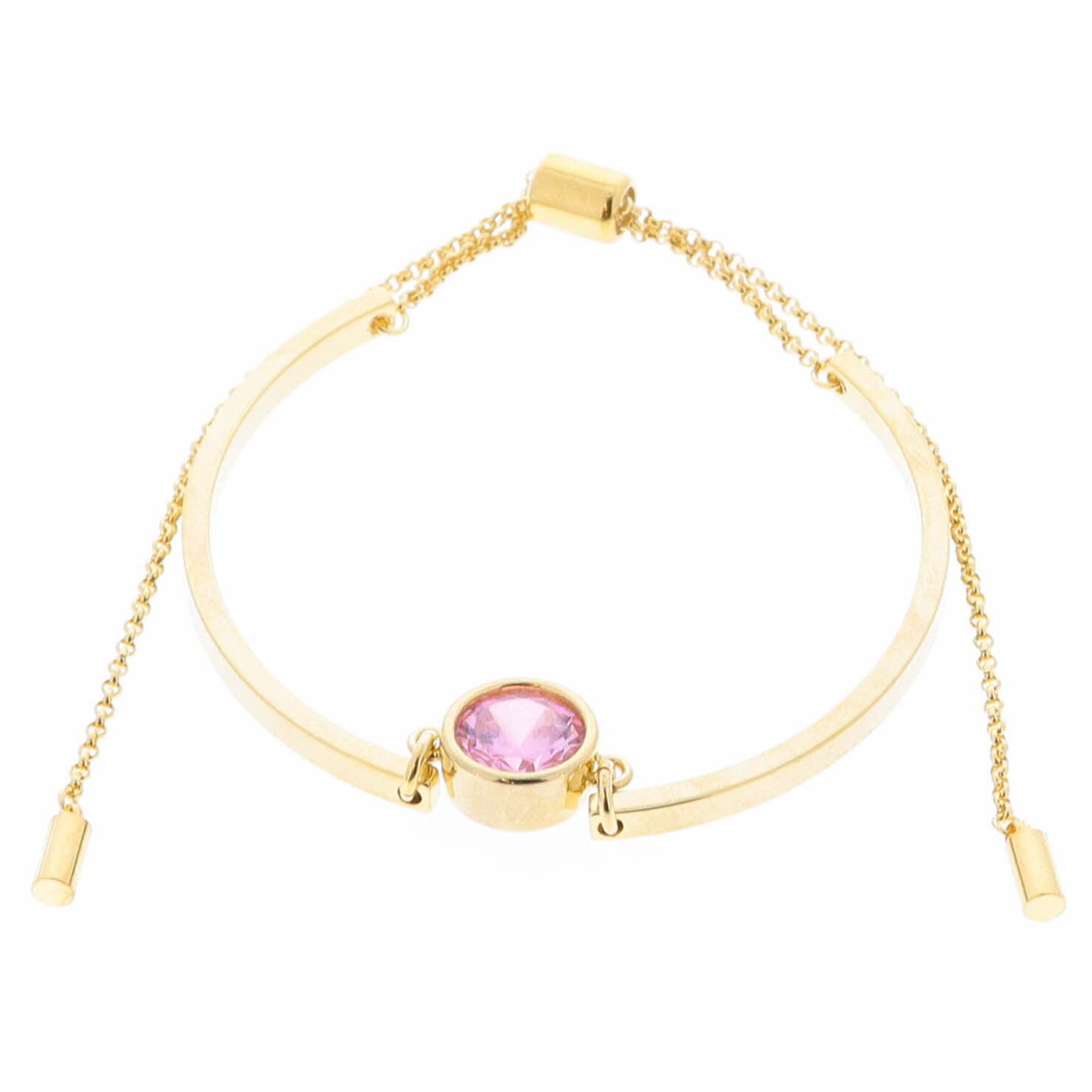 18K Gold Plated Pink Bezel Center Crystal on Curved Gold Bars Bracelet