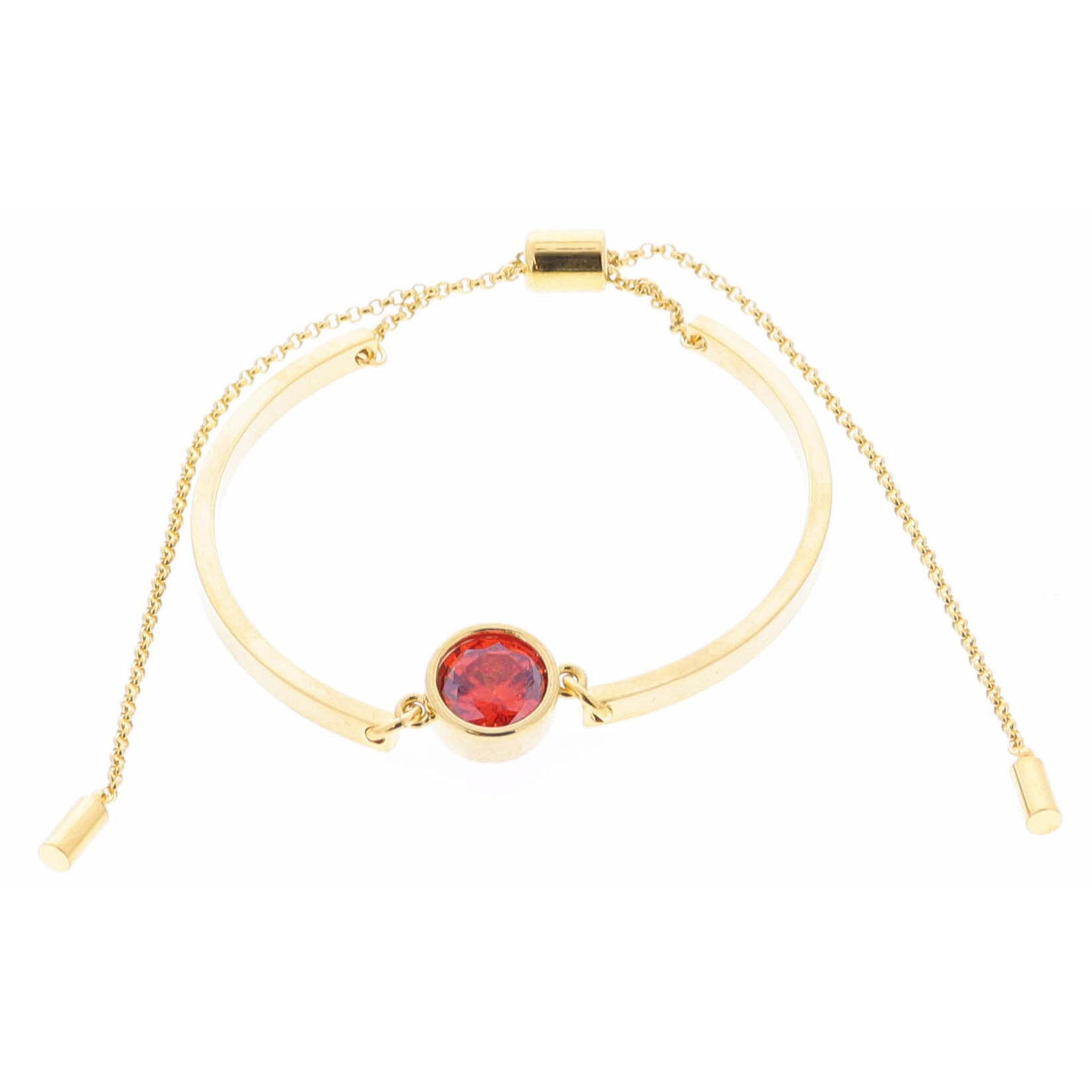 18K Gold Plated Red Bezel Center Crystal on Curved Gold Bars Bracelet