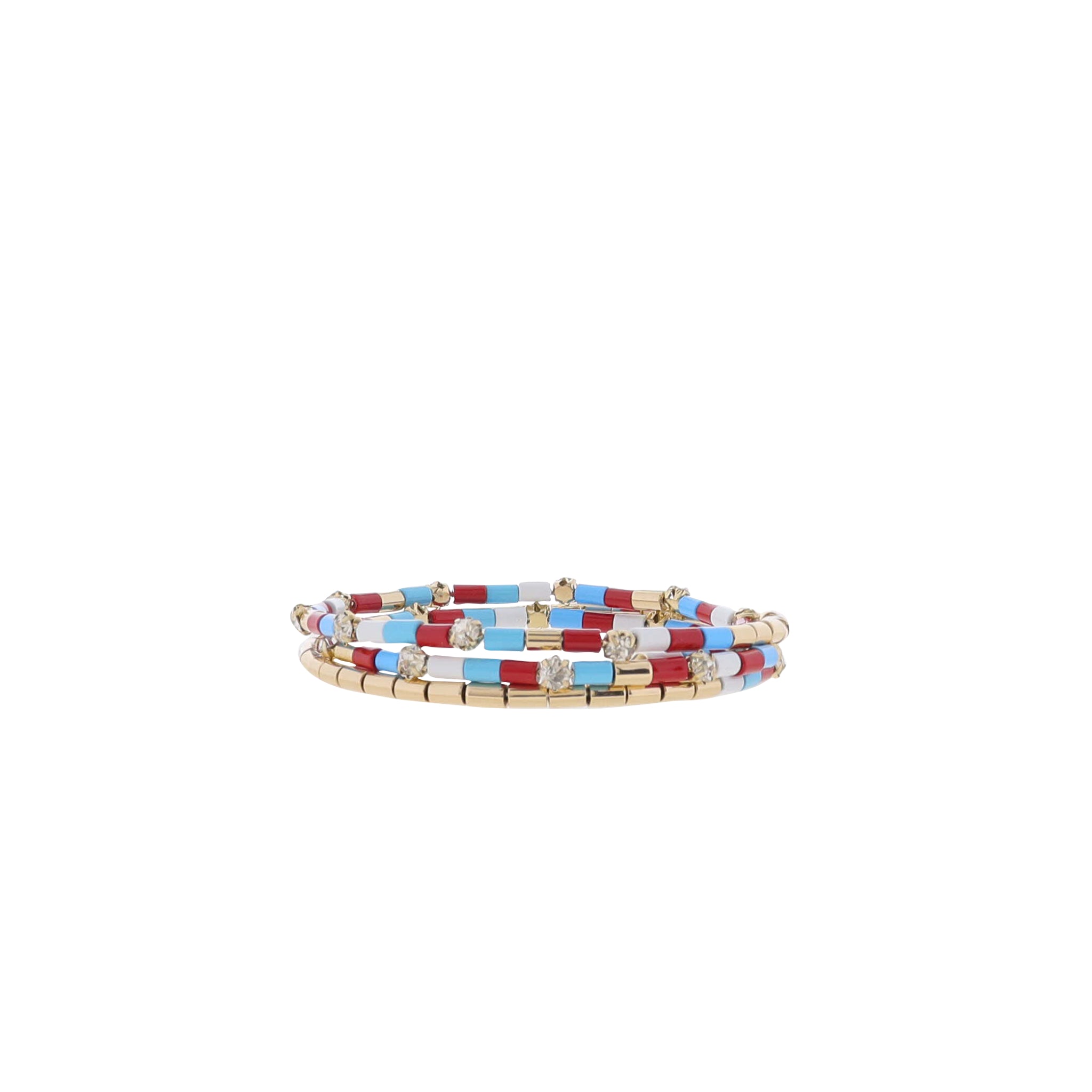 Red, White, Blue, Gold Beaded with Clear Crystal Accents Coil Wrap Bracelet