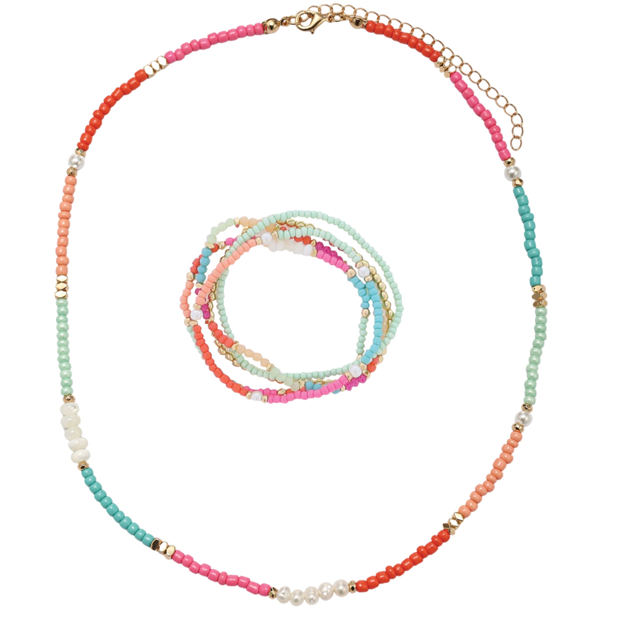Kids Coral, Pink, Mint, Peach, Tq, Pearl Seed Bead Beaded Necklace, Bracelet