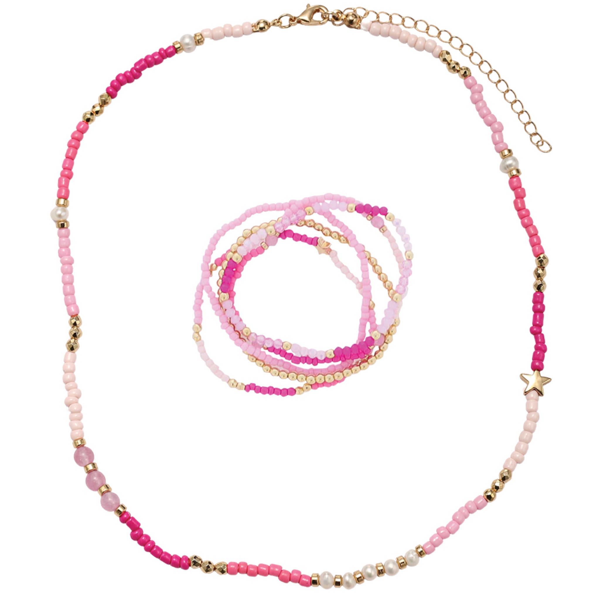 Kids Hot Pink, Light PInk, Pink, Pearl Seed Bead Beaded Necklace, Bracelet with Gold Star