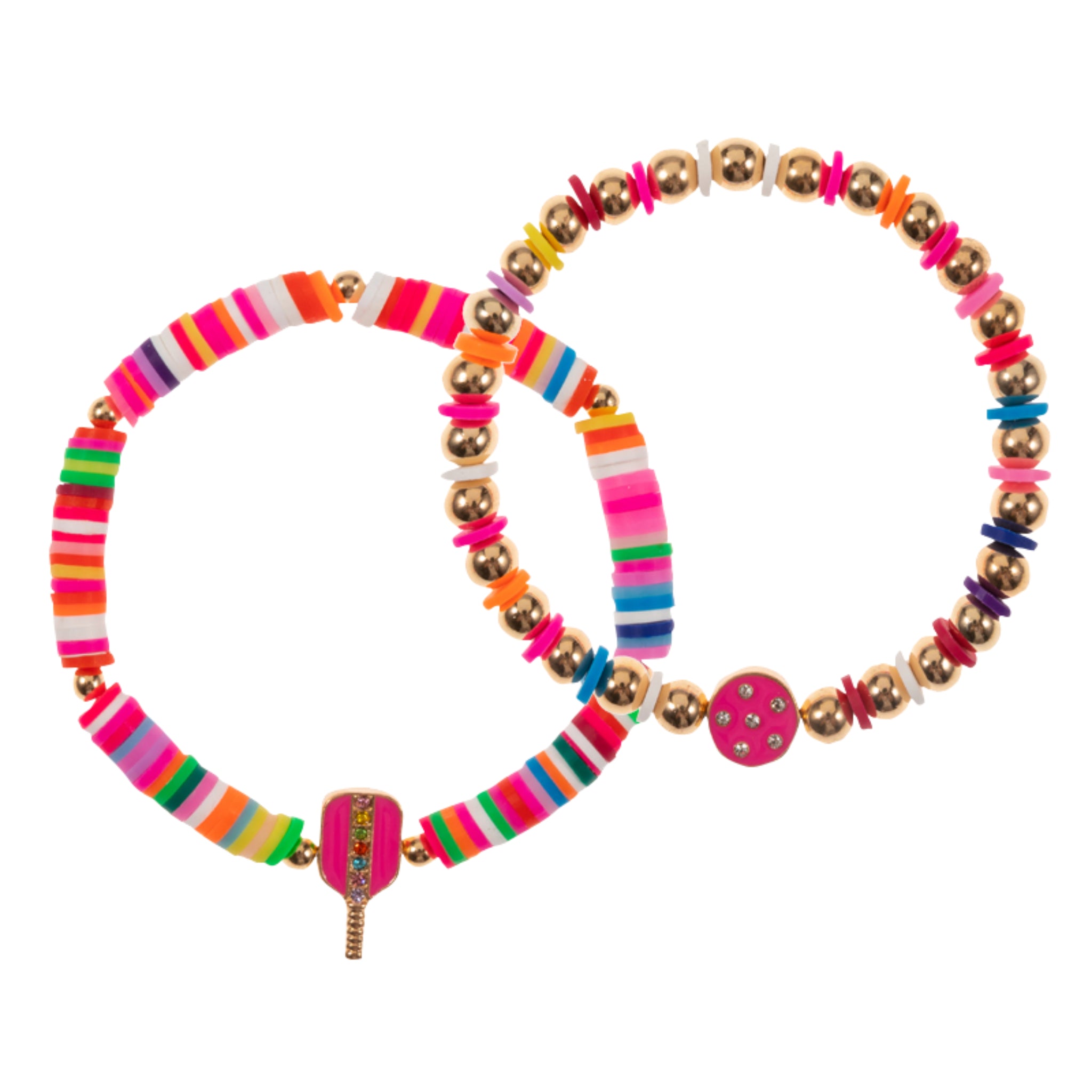 Set of 2 Beaded Stretch Bracelet with Pink Pickleball Paddle & Circle