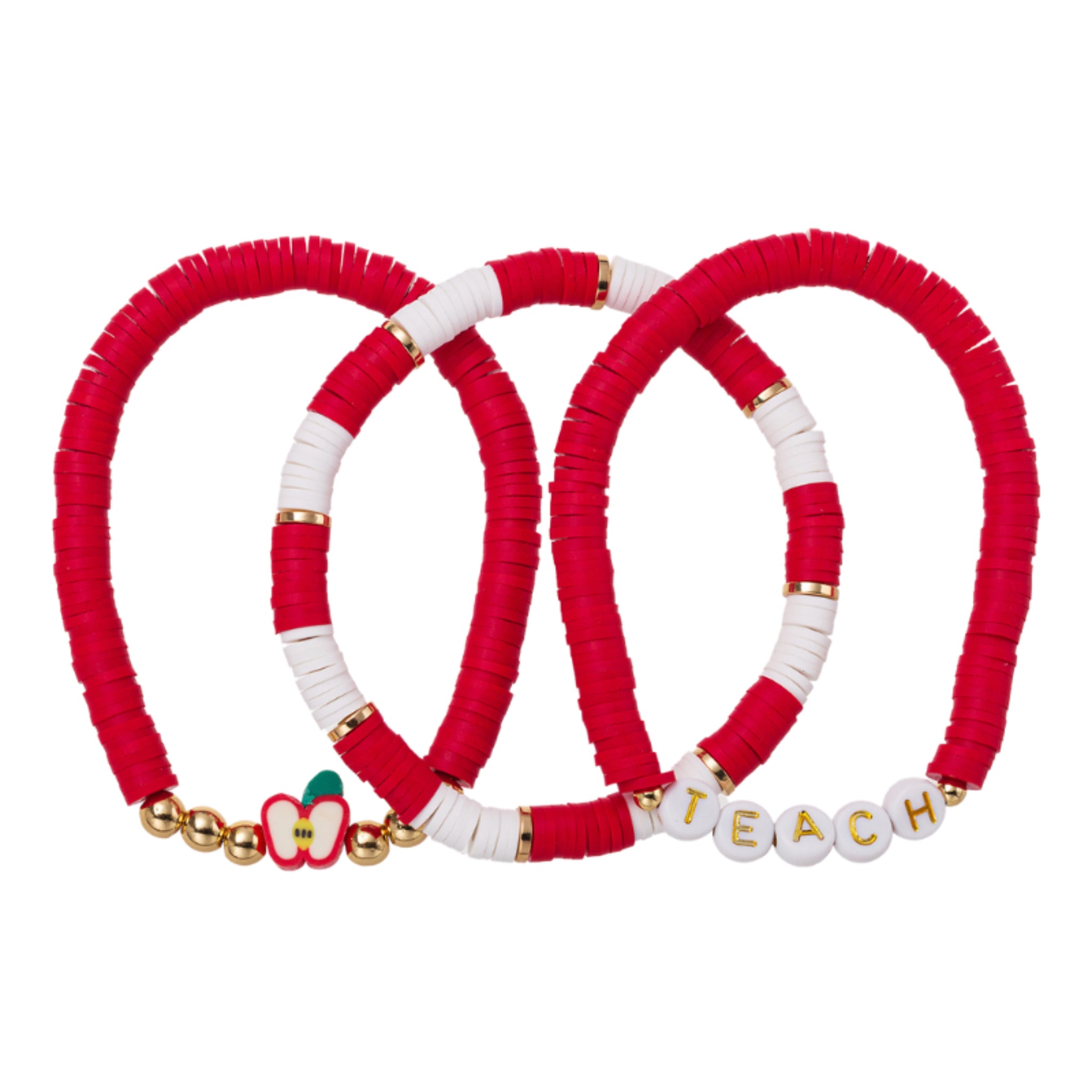 Set of 3, Red, White Rubber Disk Beaded Stretch Bracelet with Apple & "Teach"