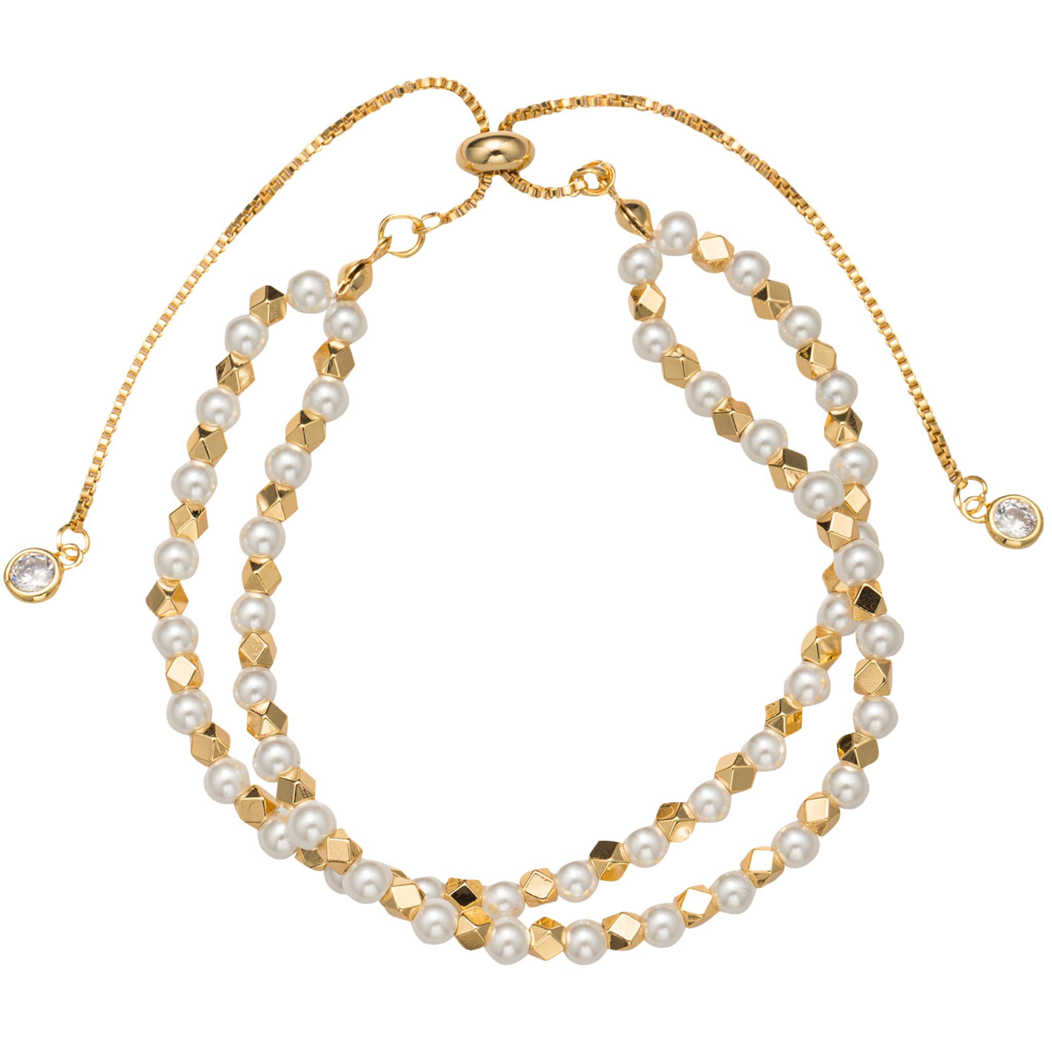 Gold, Pearl Beaded 2 Strand Bracelet with Gold Ball and Pearl Strands