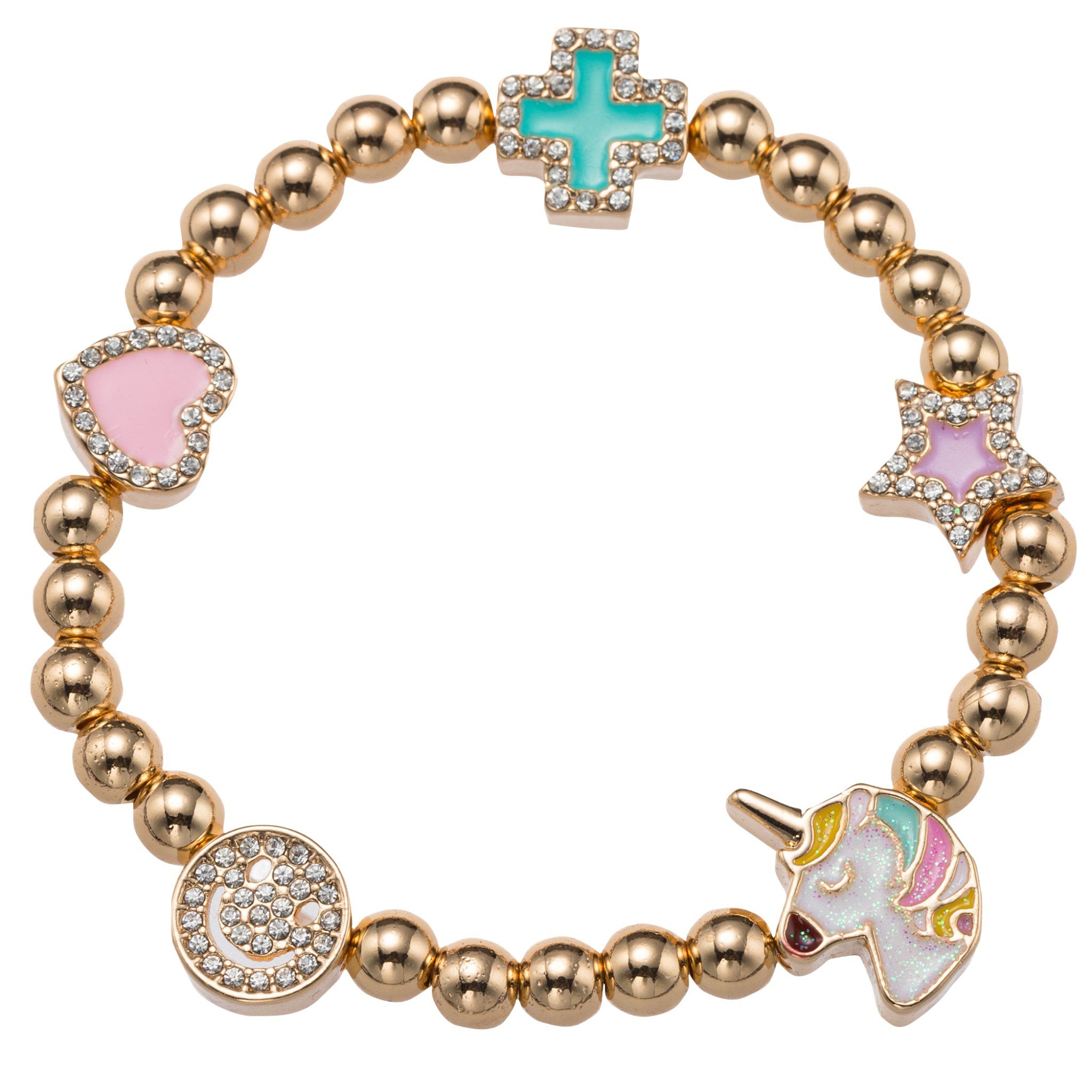 Kids Gold Beaded Bracelet with Heart, Cross, Star, Unicorn, Happy Face