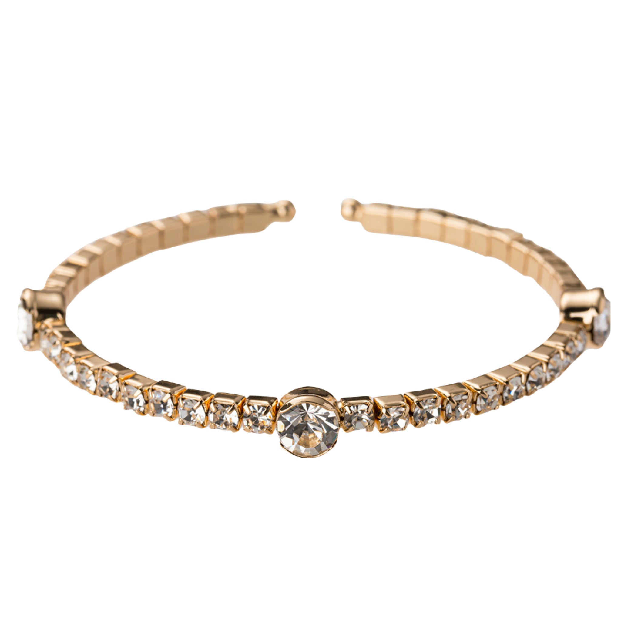 Gold, Clear Crystal Stretch Cuff Bracelet with Clear 3 Circle Stations