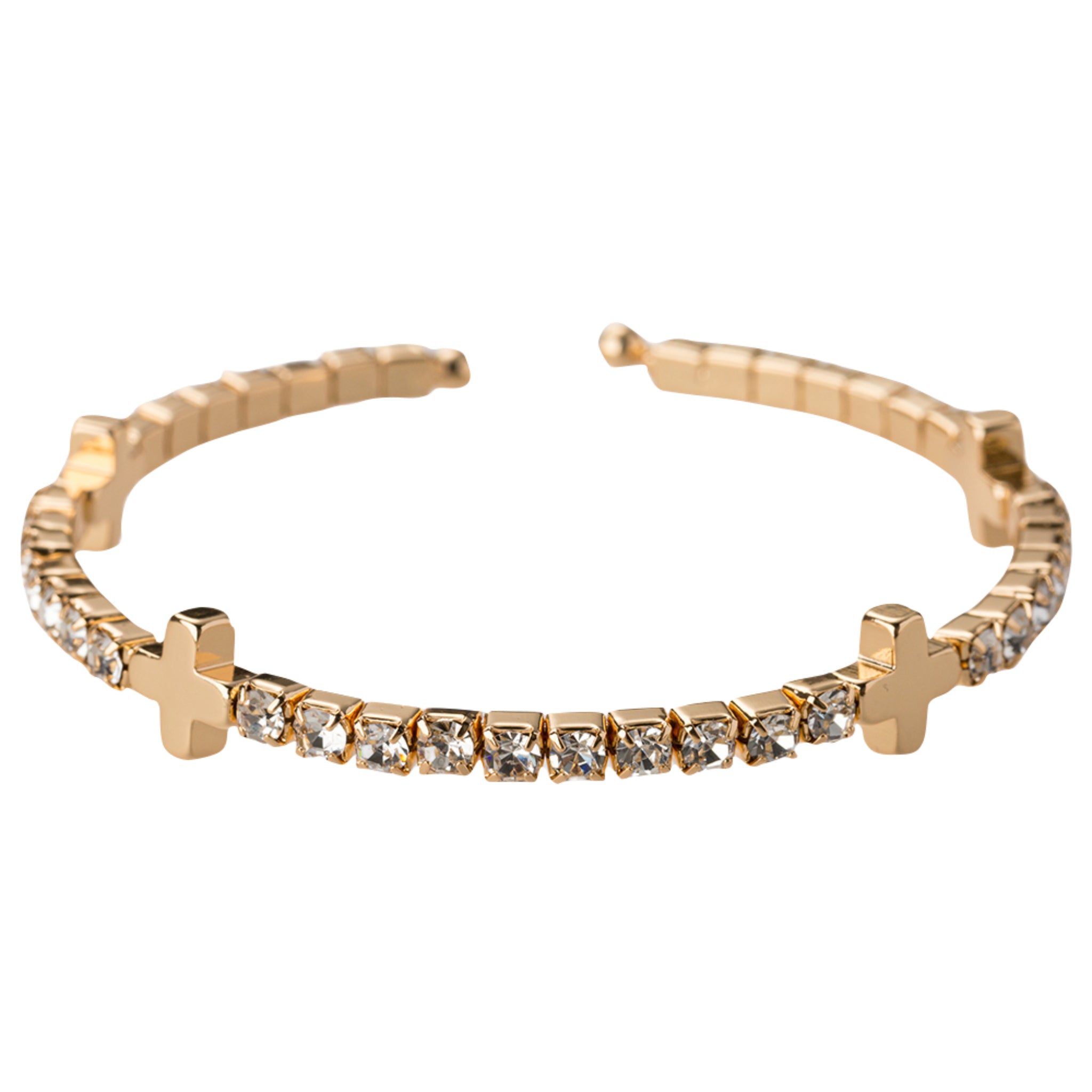 Gold,Clear Crystal Stretch Cuff Bracelet with Gold Crosses