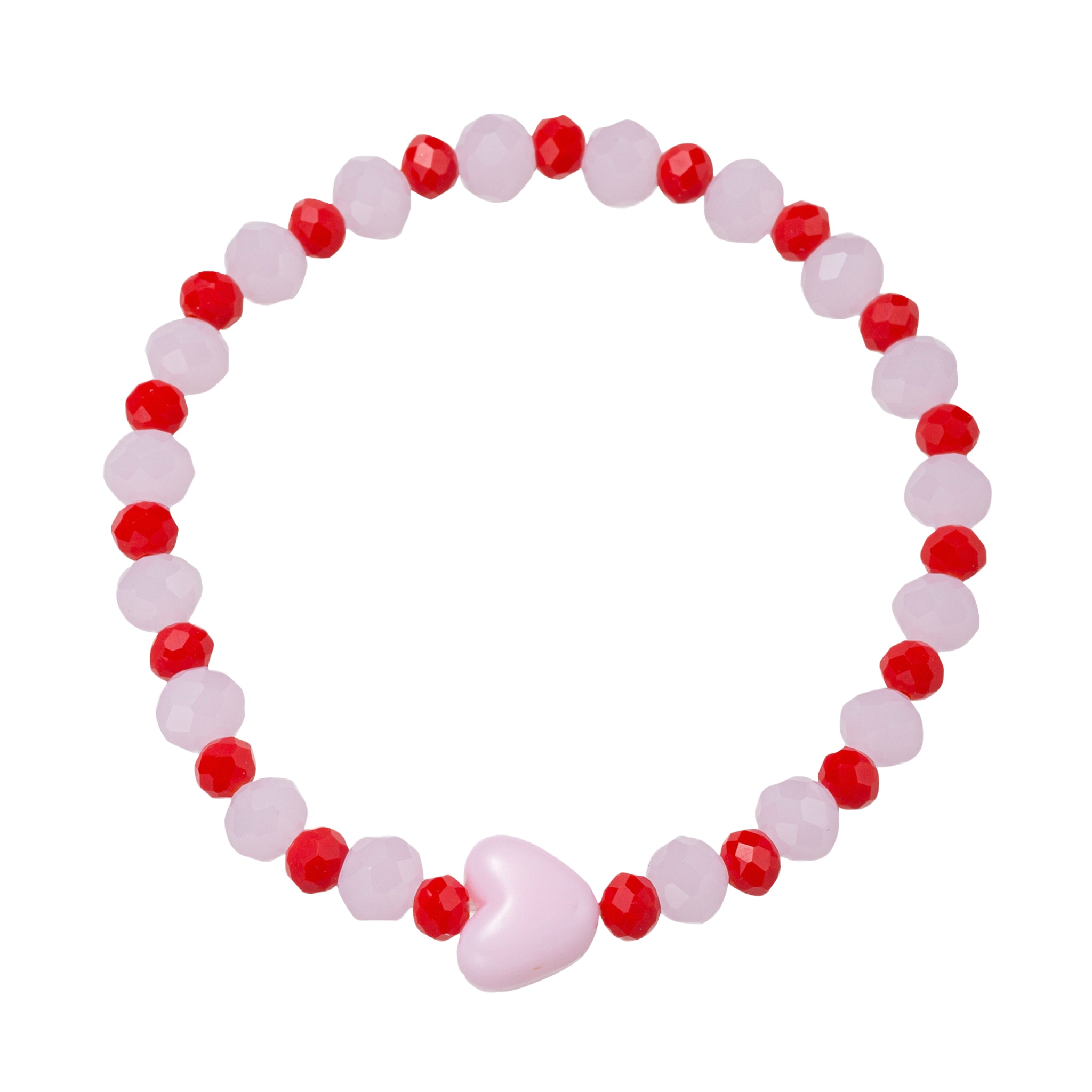 Light Pink, Red Faceted Beaded Stretch Bracelet with Pink Heart