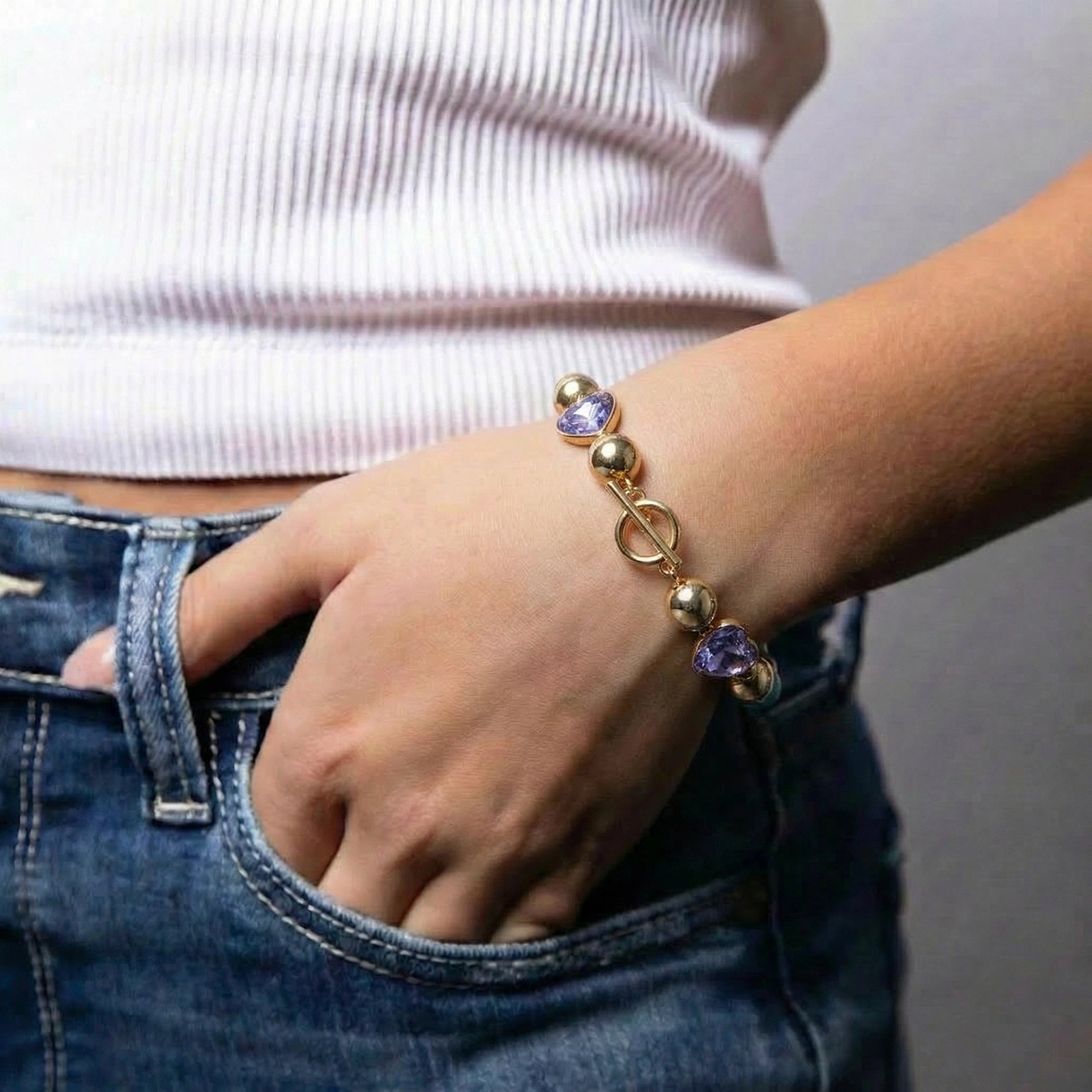 Lavender, Gold Heart Link Toggle Bracelet