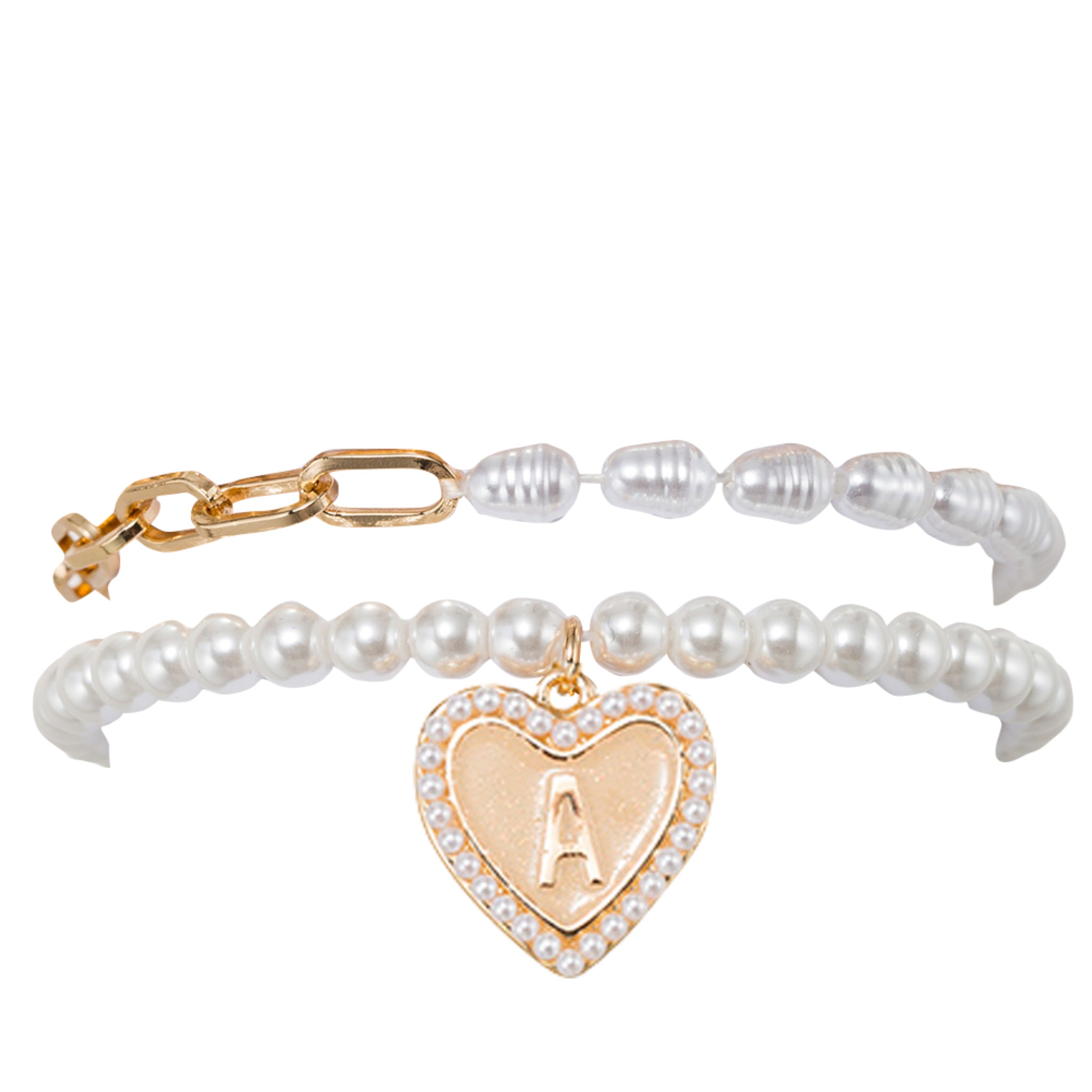 Kids Stretch Bracelet Set of 2, with Pearl Edged, Heart with One Side Gold Bow, One Side "A"