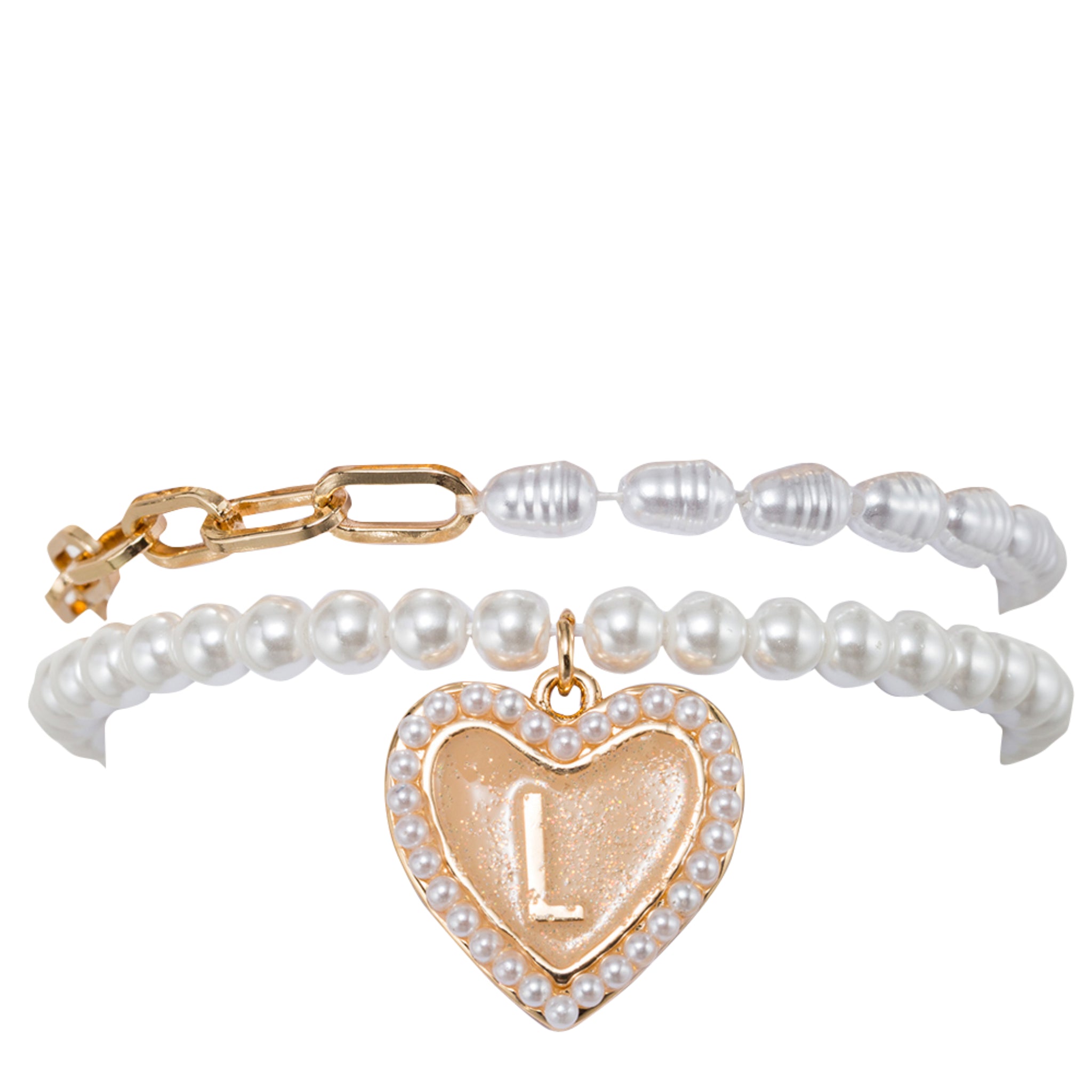 Kids Stretch Bracelet Set of 2, with Pearl Edged, Heart with One Side Gold Bow, One Side "L"