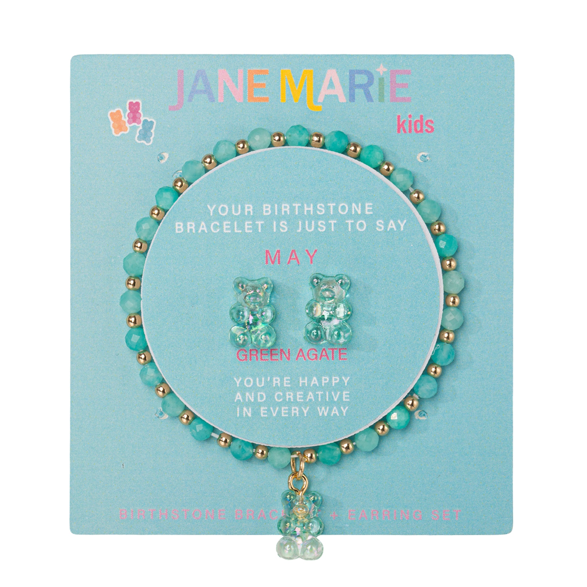 Kids Green Agate Faceted Beaded Bracelet, Stud "May" Birthstone Bear Set