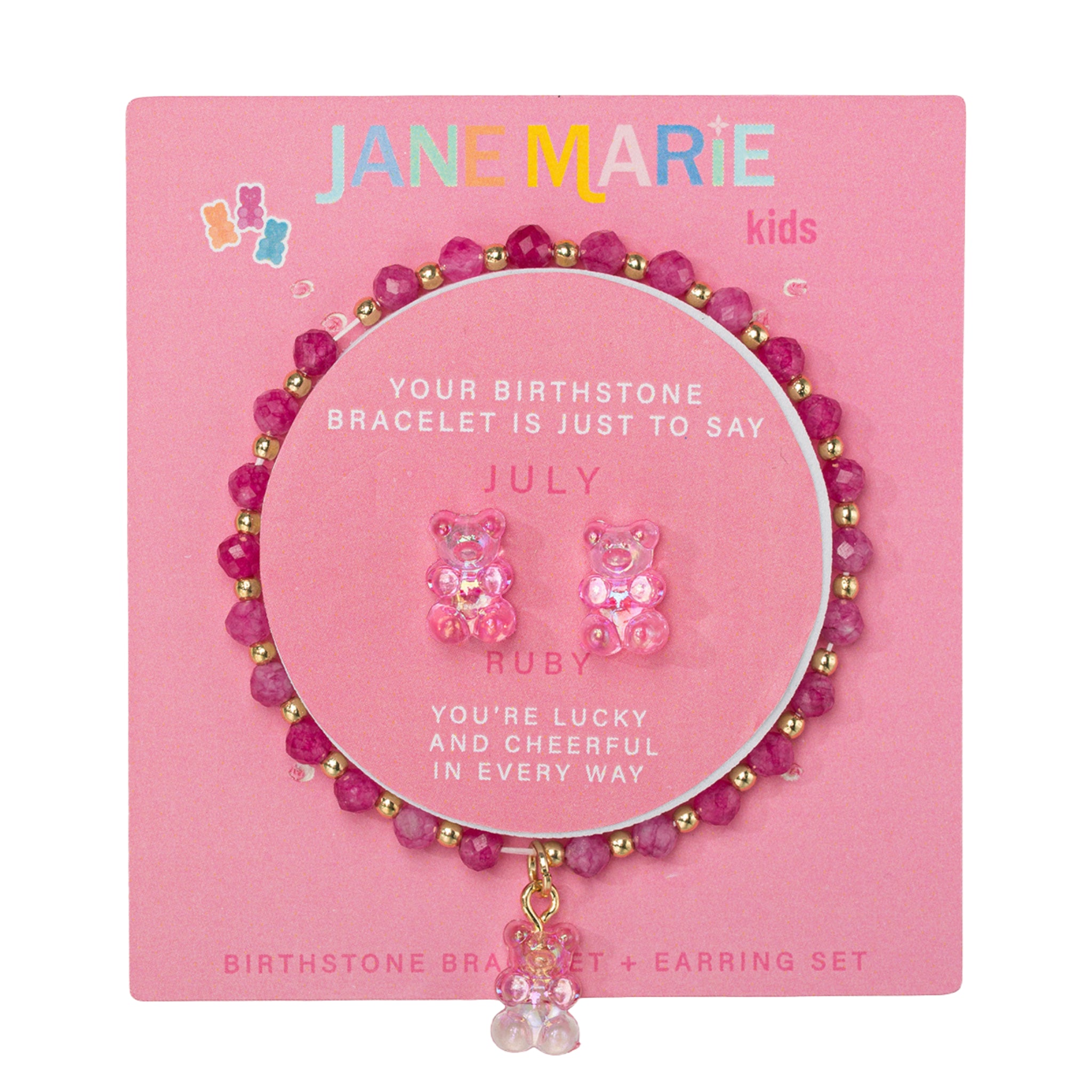 Kids Ruby Faceted Beaded Bracelet, Stud "July" Birthstone Bear Set