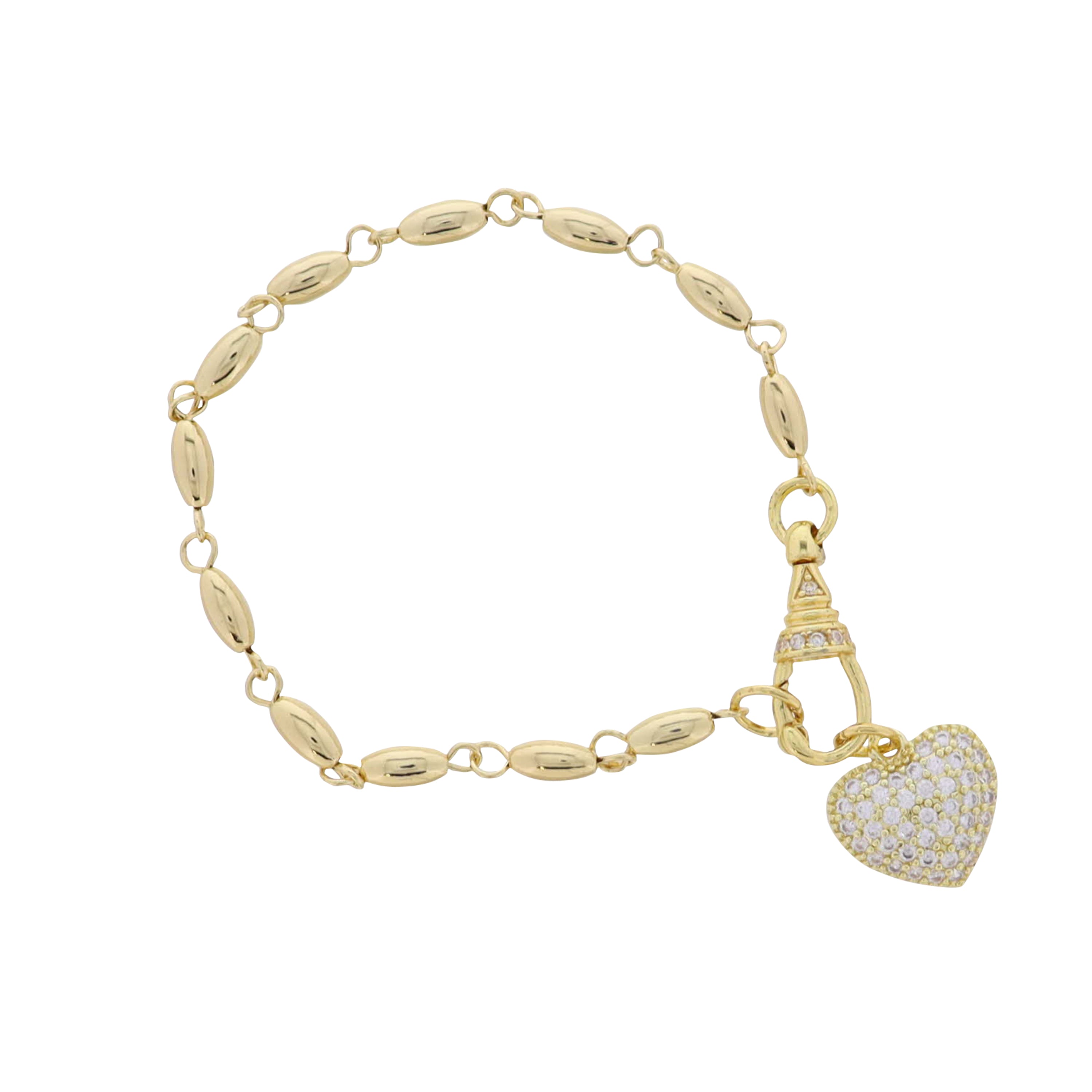18K Gold Plated Rice Bead Chain Bracelet with Clear Crystal Heart