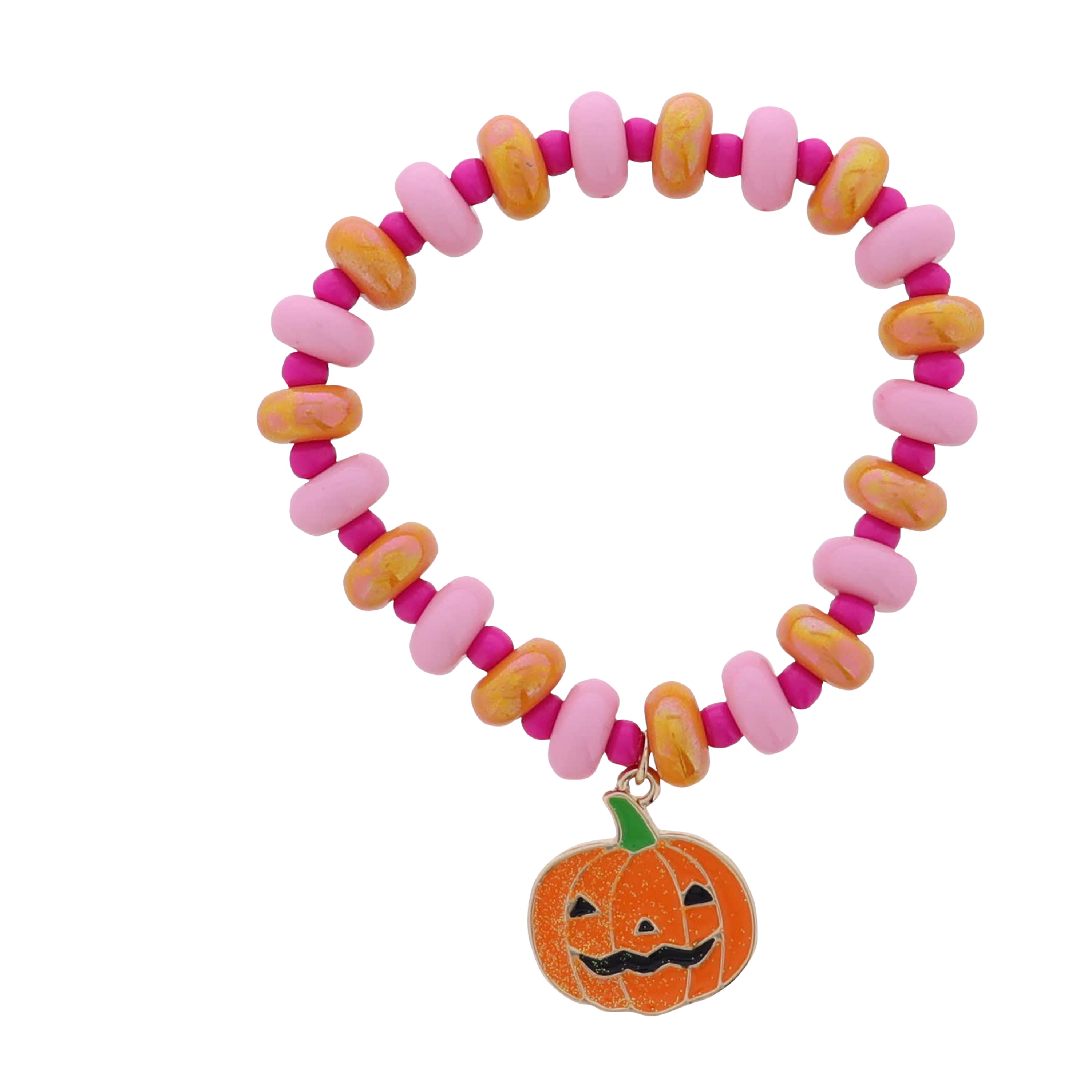 Kids Pink, Orange Rondelle Beaded Stretch Bracelet with Jack O' Lantern